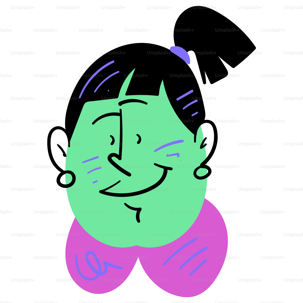 A cartoon character with a unique green face.