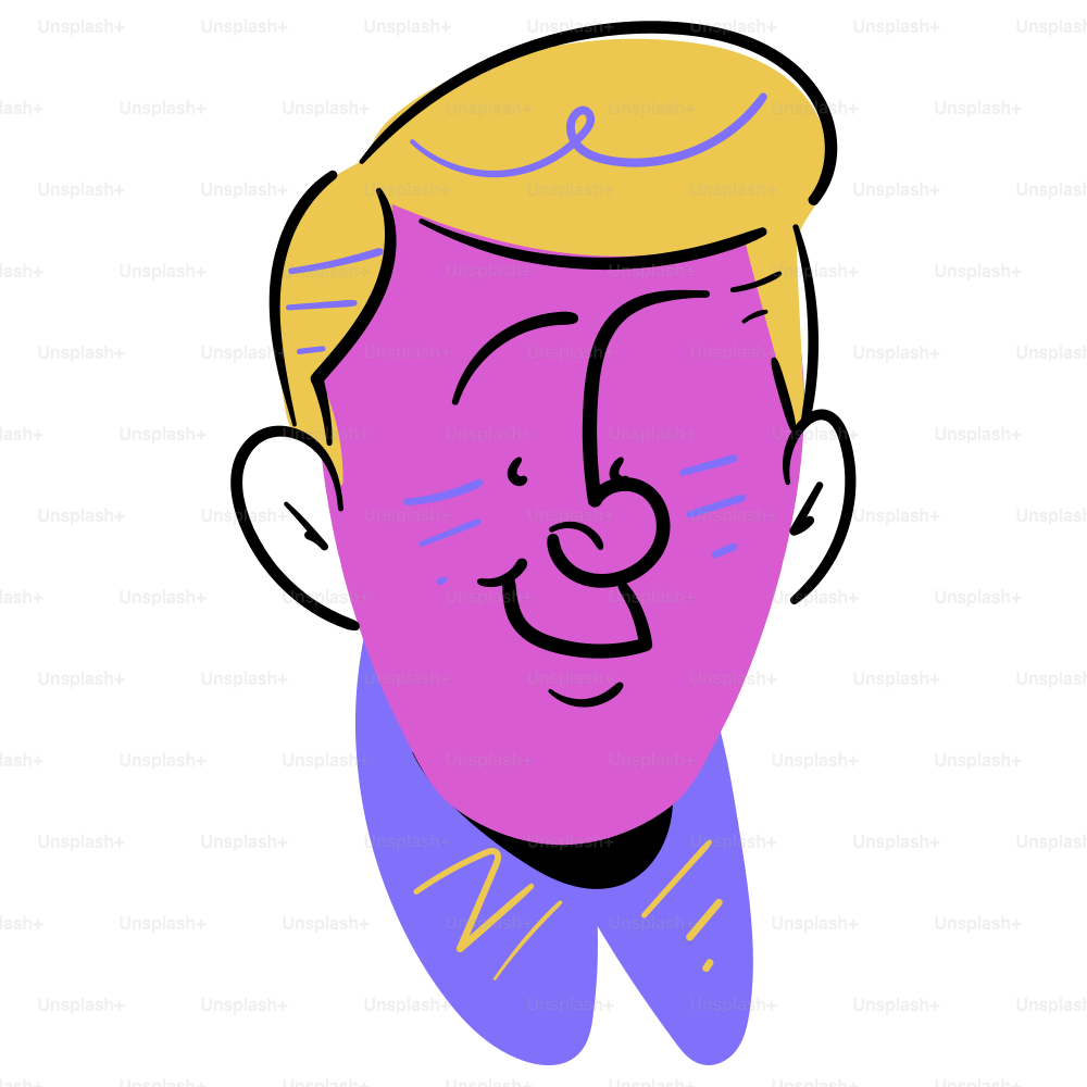 Smiling cartoon face with purple skin.