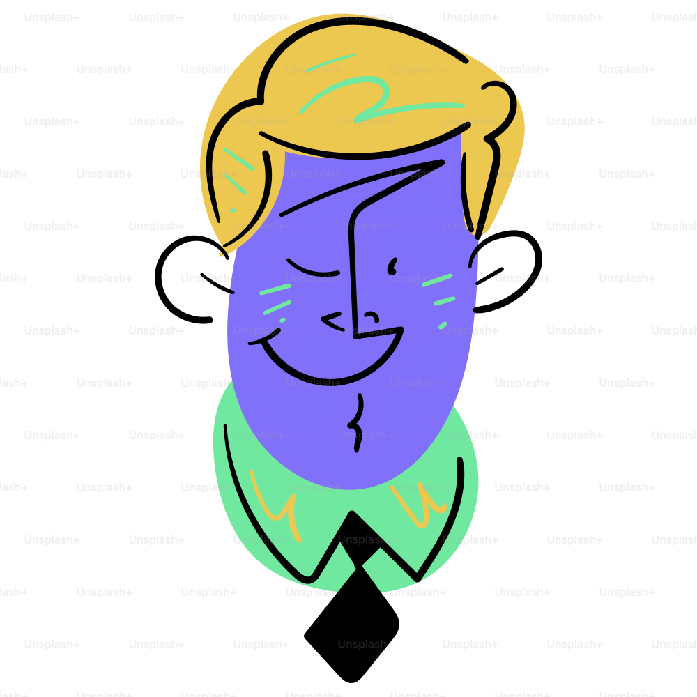 Smiling cartoon man with blonde hair and blue face.