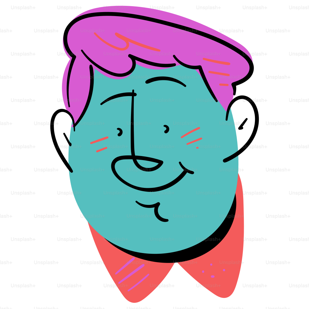 A smiling cartoon man with pink hair.