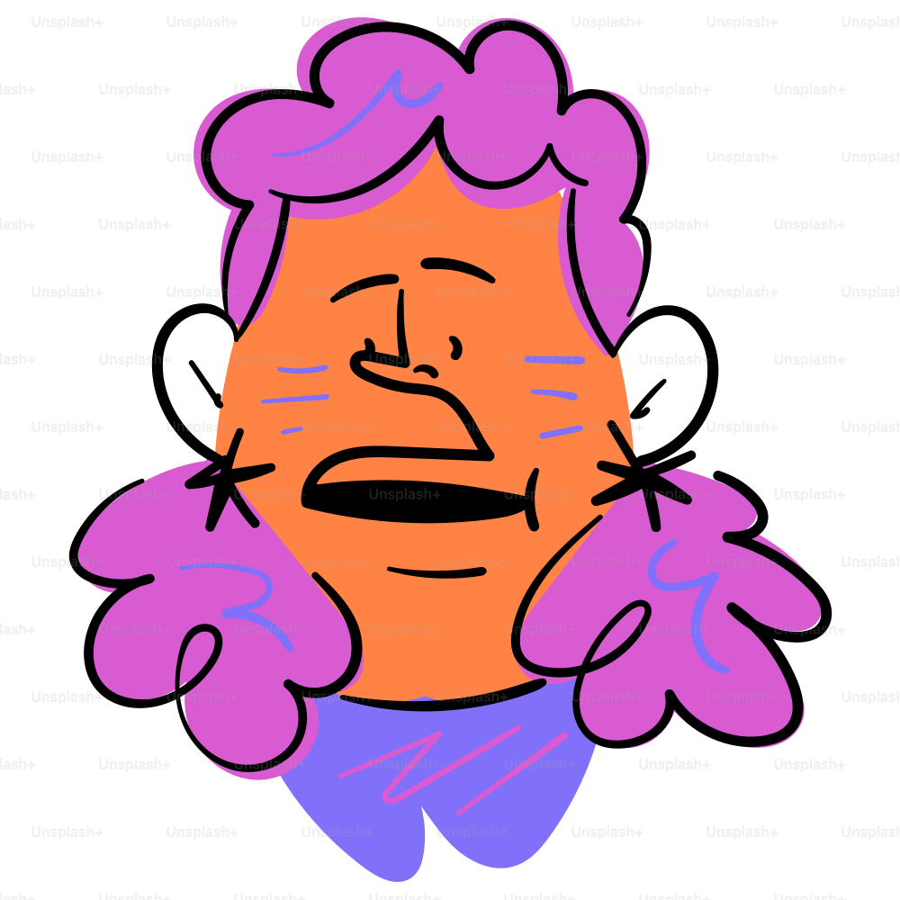 Cartoon character with pink hair, orange face.