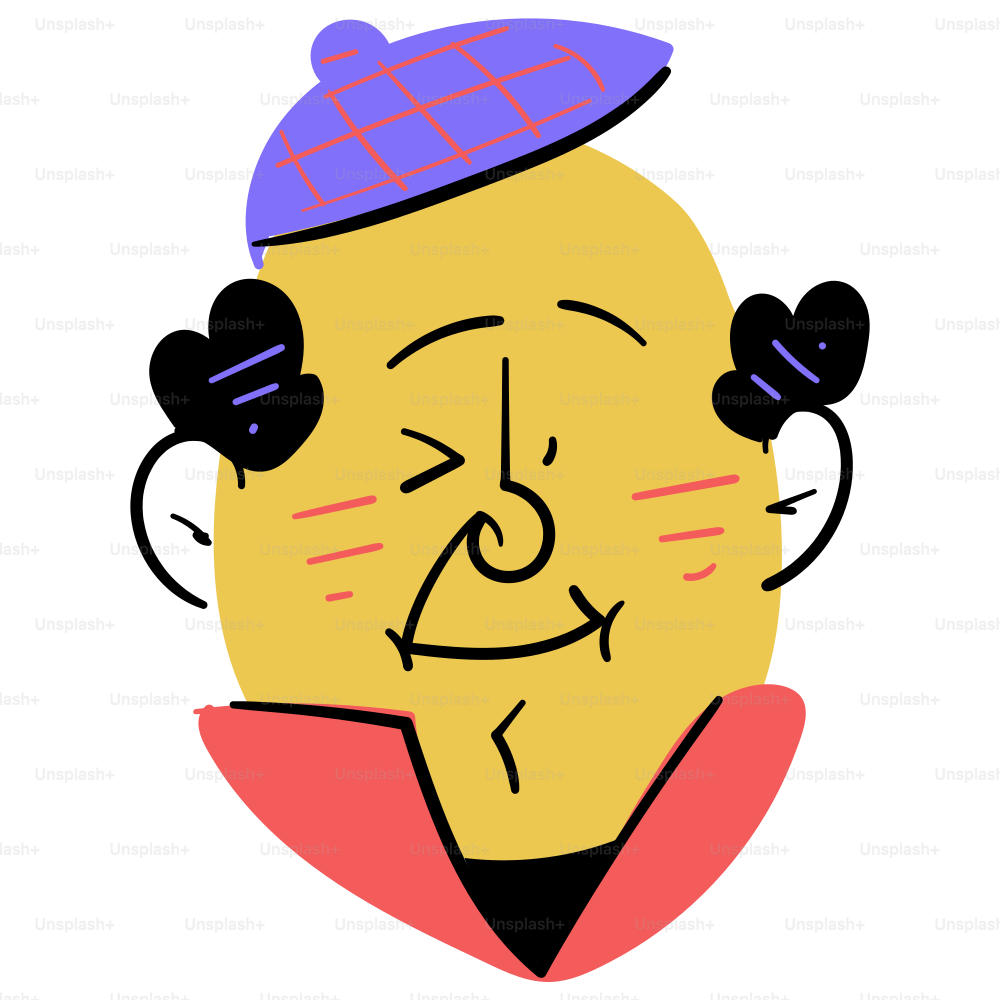 Un volto da cartone animato giocoso con un cappello a quadri.