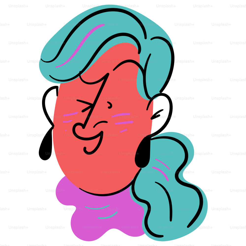 Una donna dei cartoni animati sorride con capelli colorati.