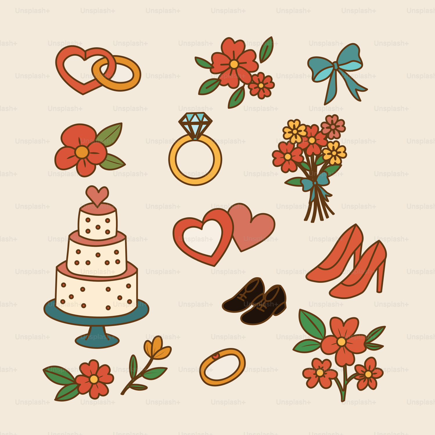 Wedding-themed icons including rings, flowers, and cake.