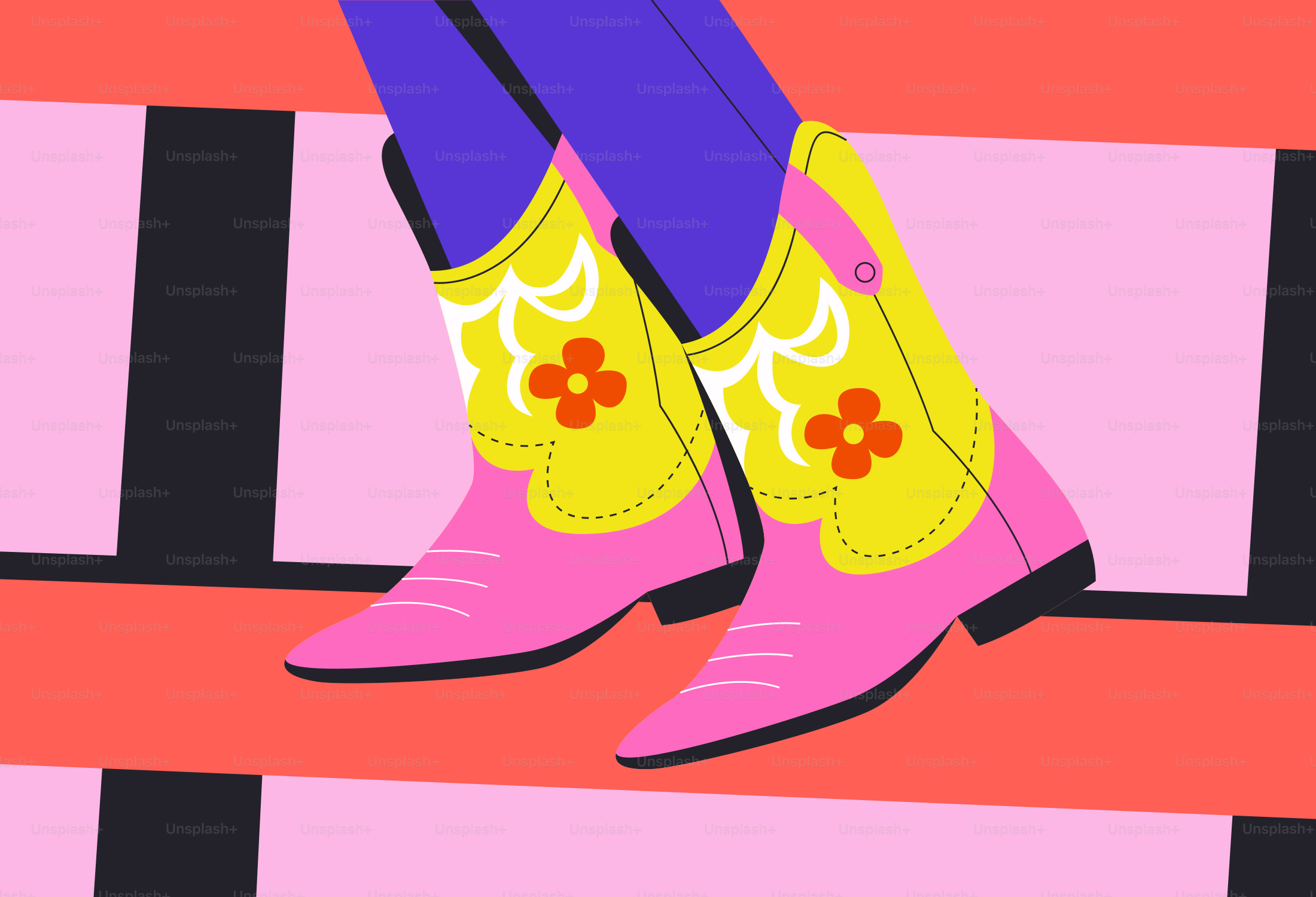 Pink and yellow cowboy boots are on display.