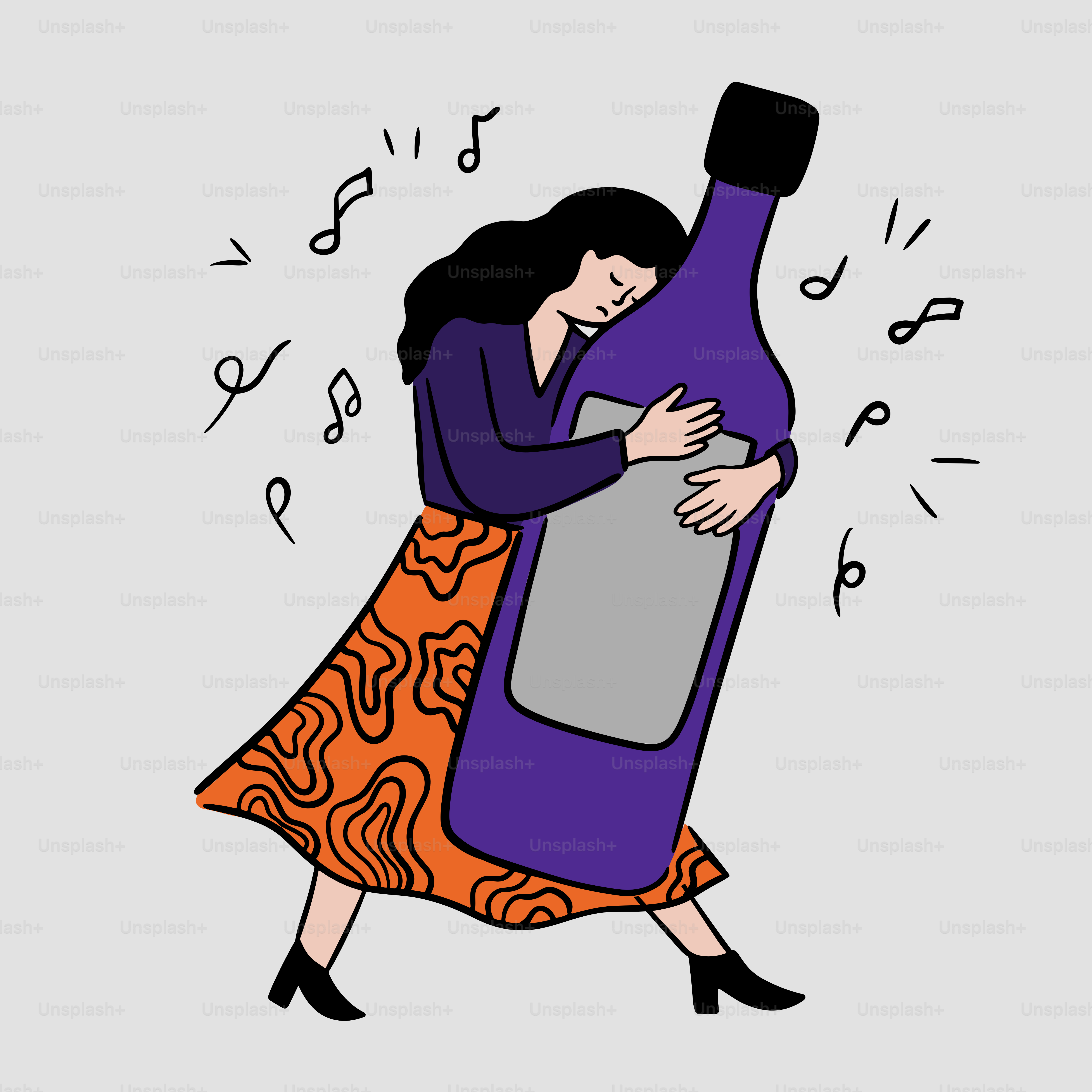 Una mujer abraza una botella gigante con notas musicales.