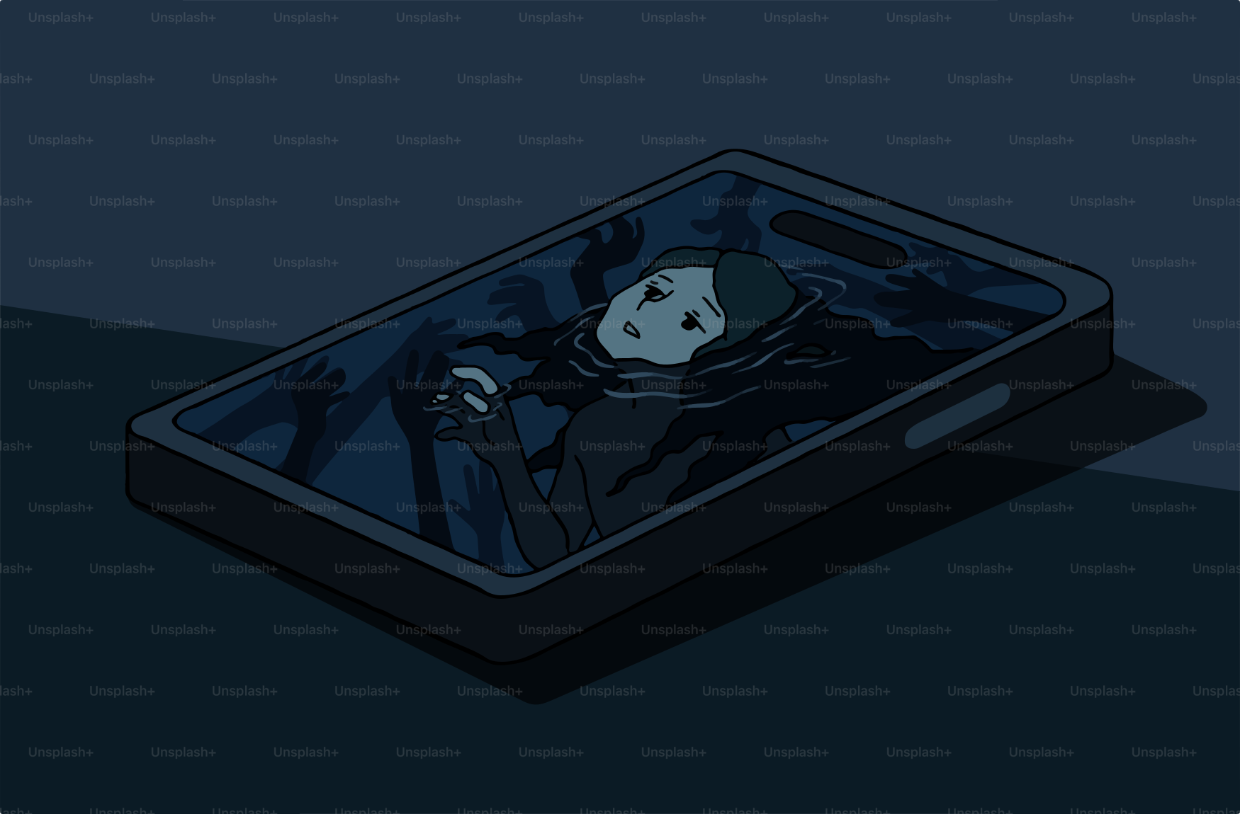 A person drowning inside a smartphone.