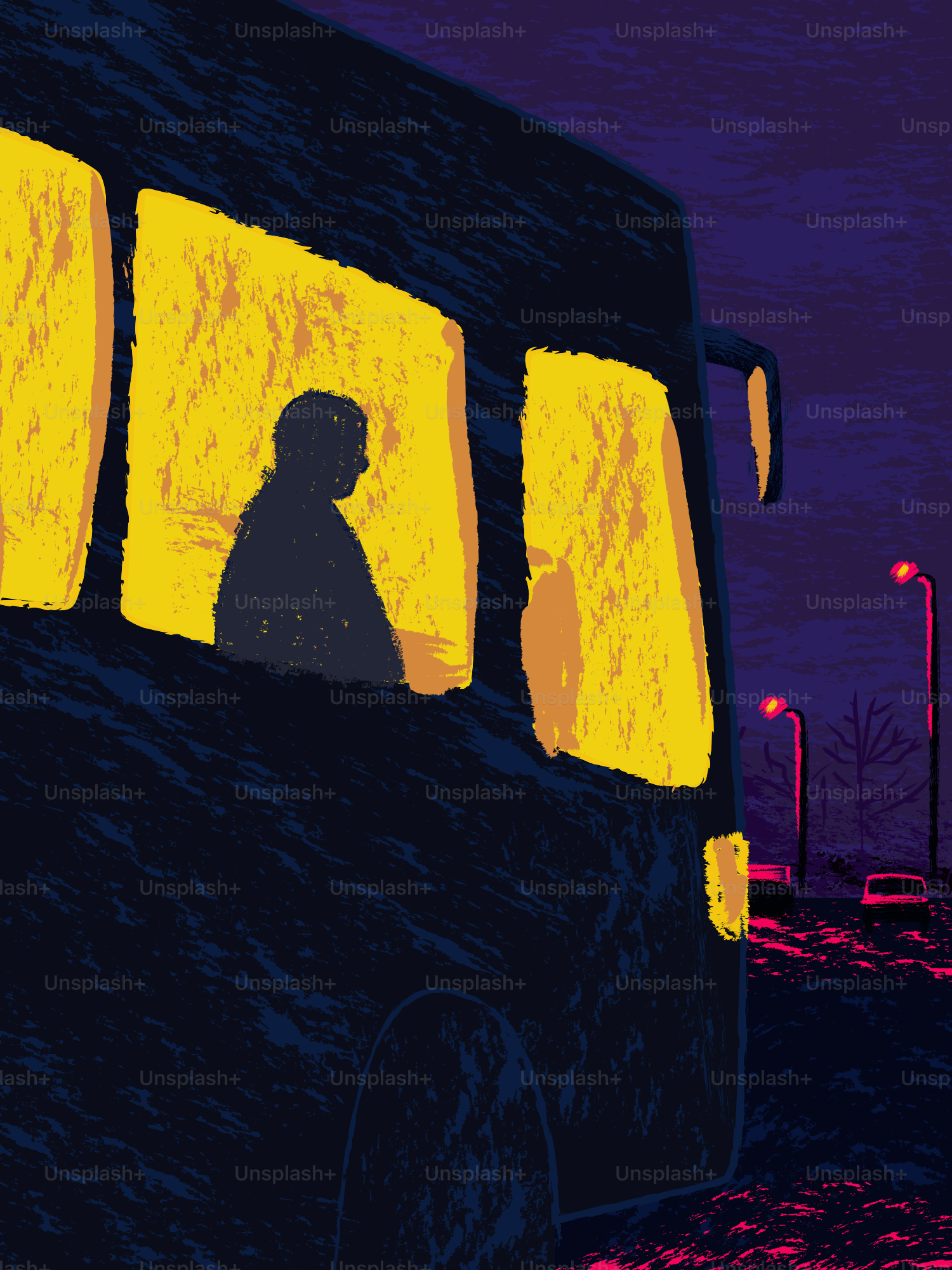 バスの窓の外を観察する人。