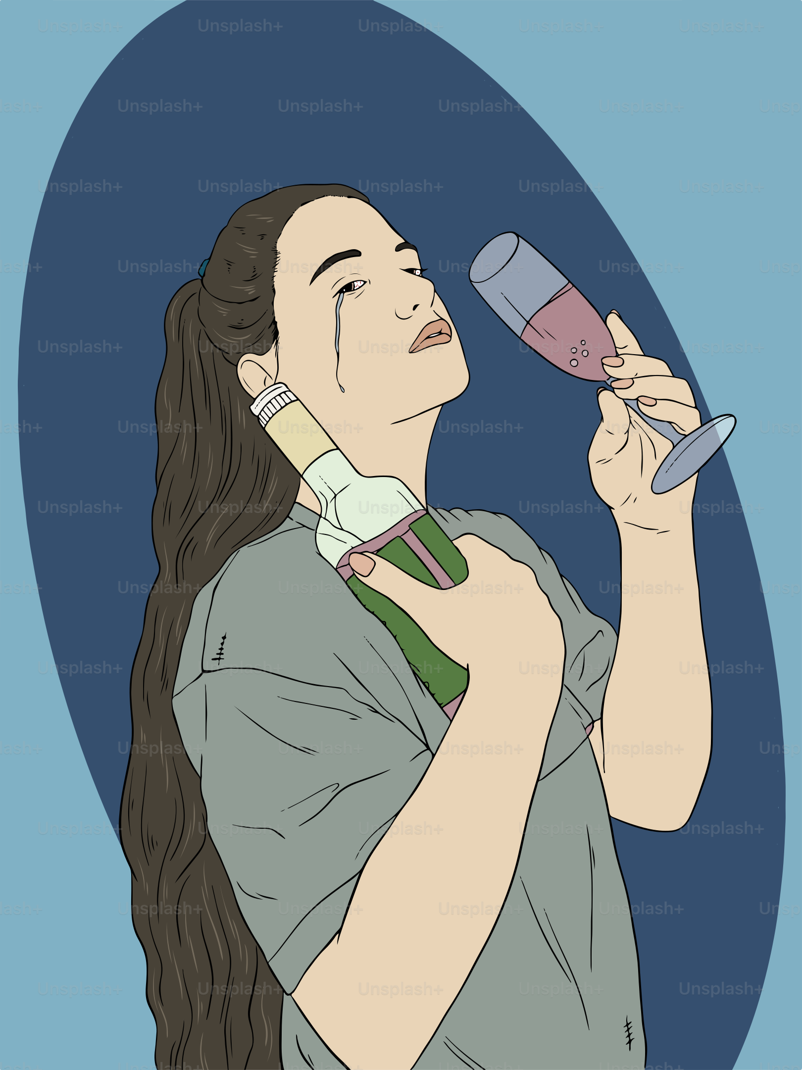 Eine weinende Frau trinkt Wein.