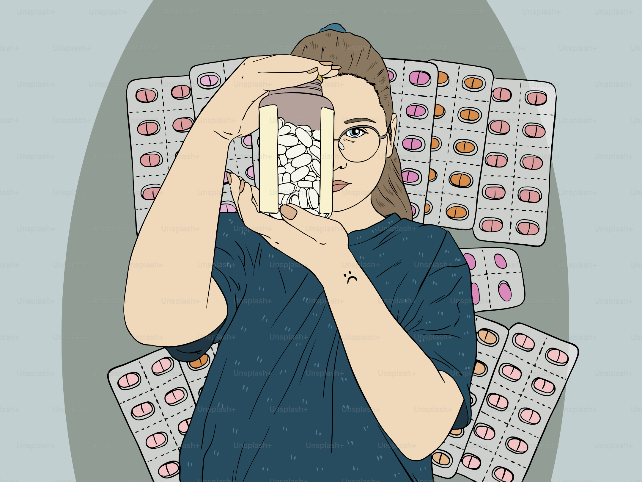 A woman holds a jar of pills.