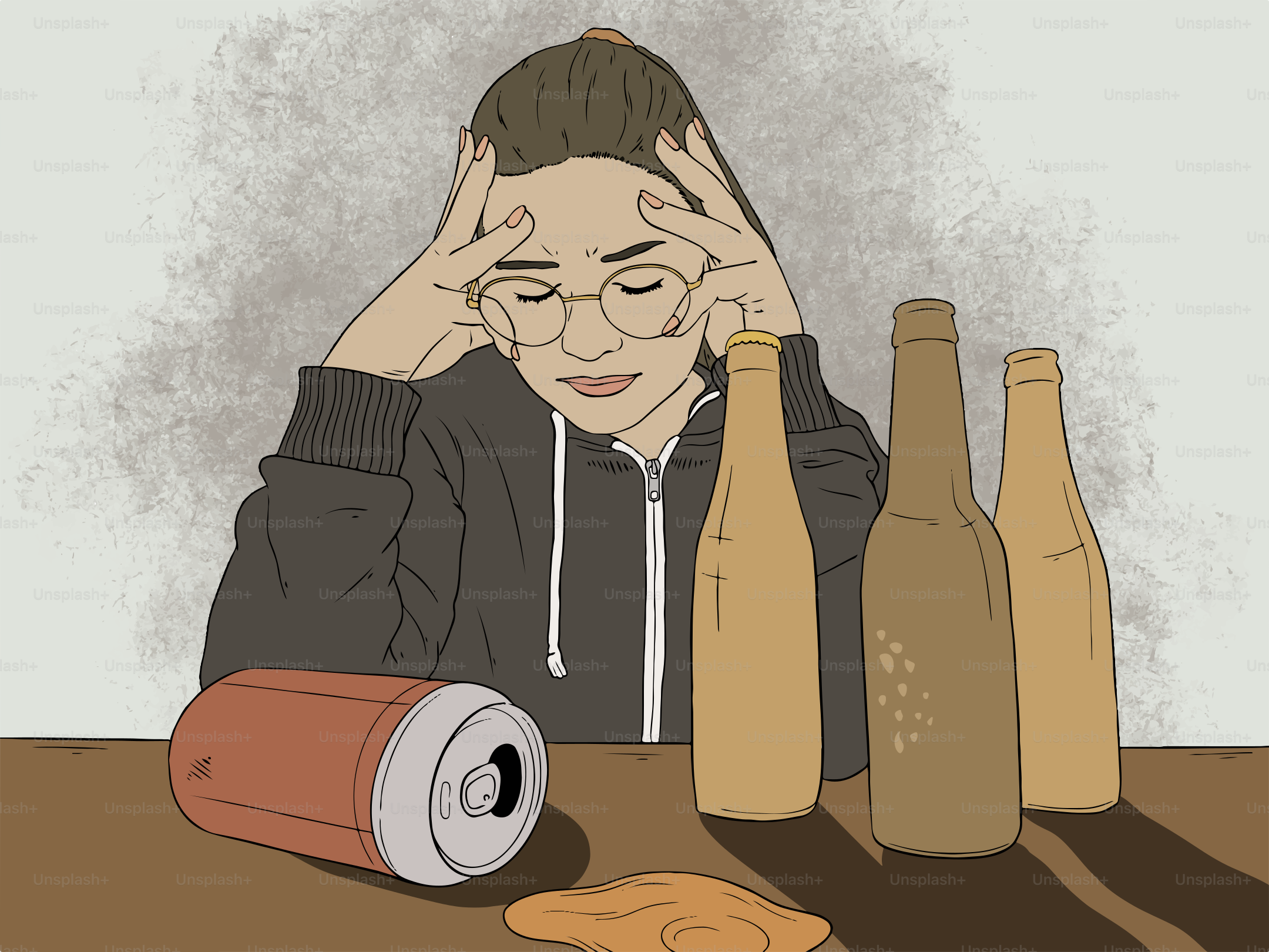Woman feels stressed while surrounded by alcohol.