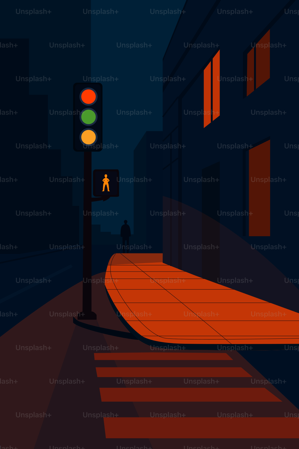 Nighttime street scene with a red traffic light.