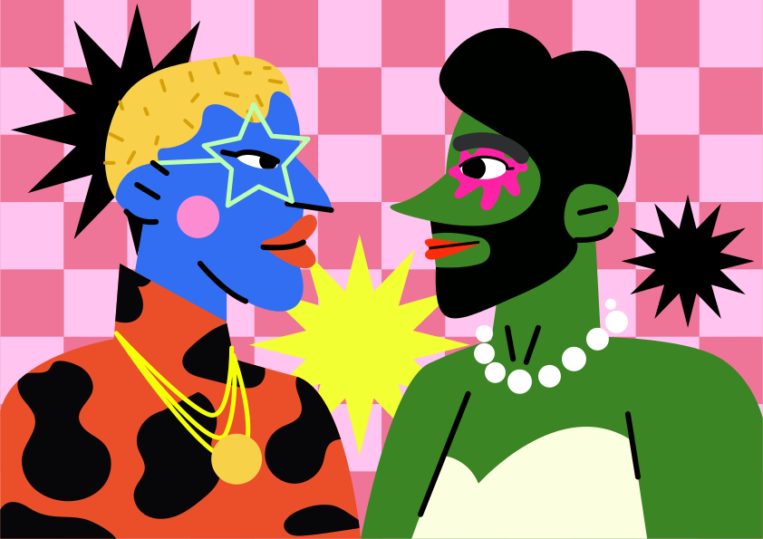 Two colorful, stylized people face each other.