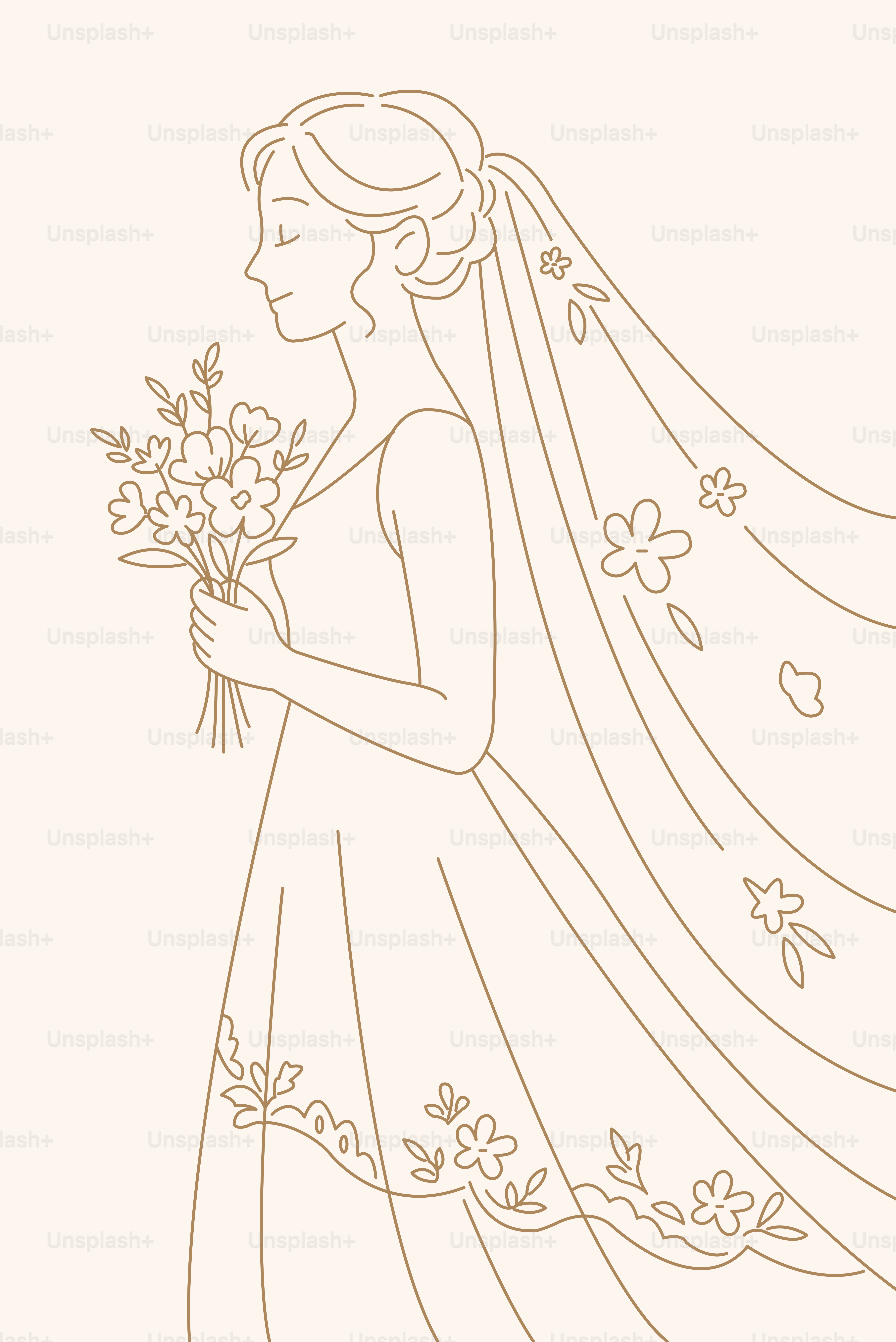 A bride holds flowers and smiles softly.