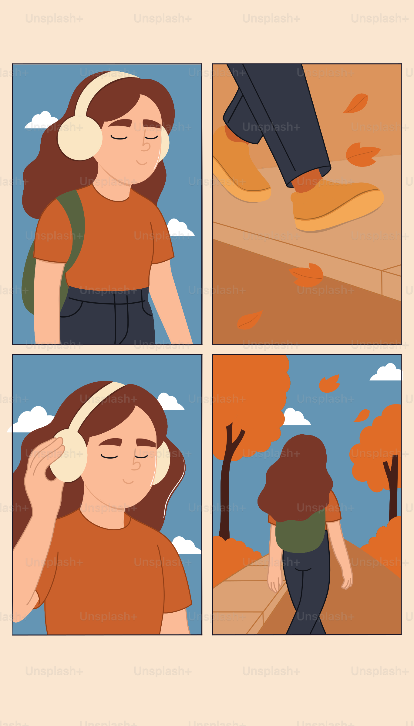 Woman enjoying autumn walk while listening to music.