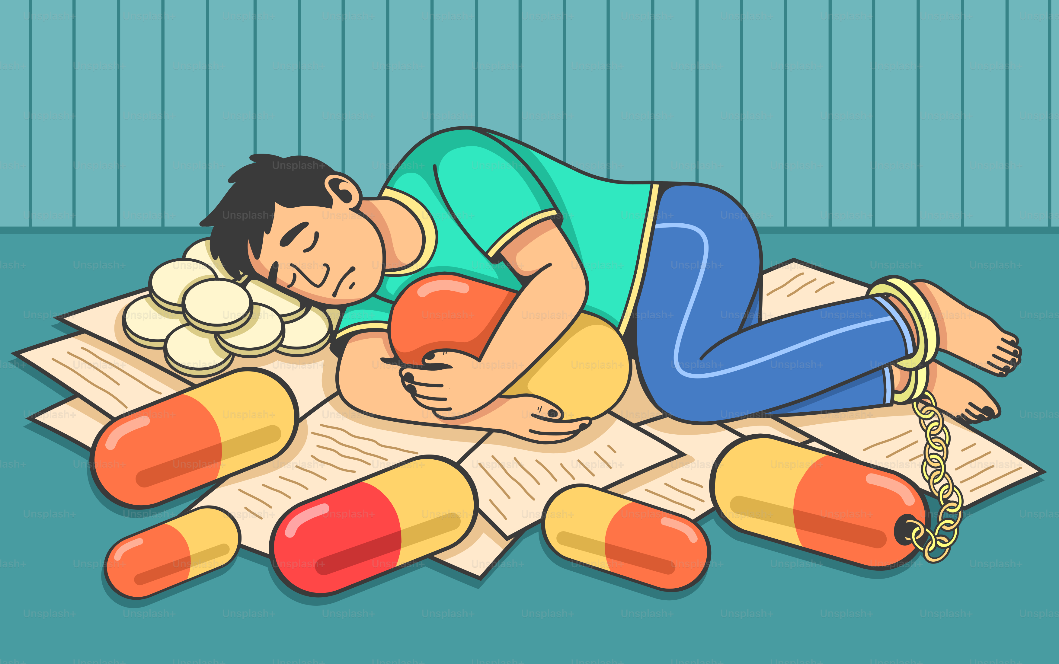 A man is overwhelmed by pills and addictions.