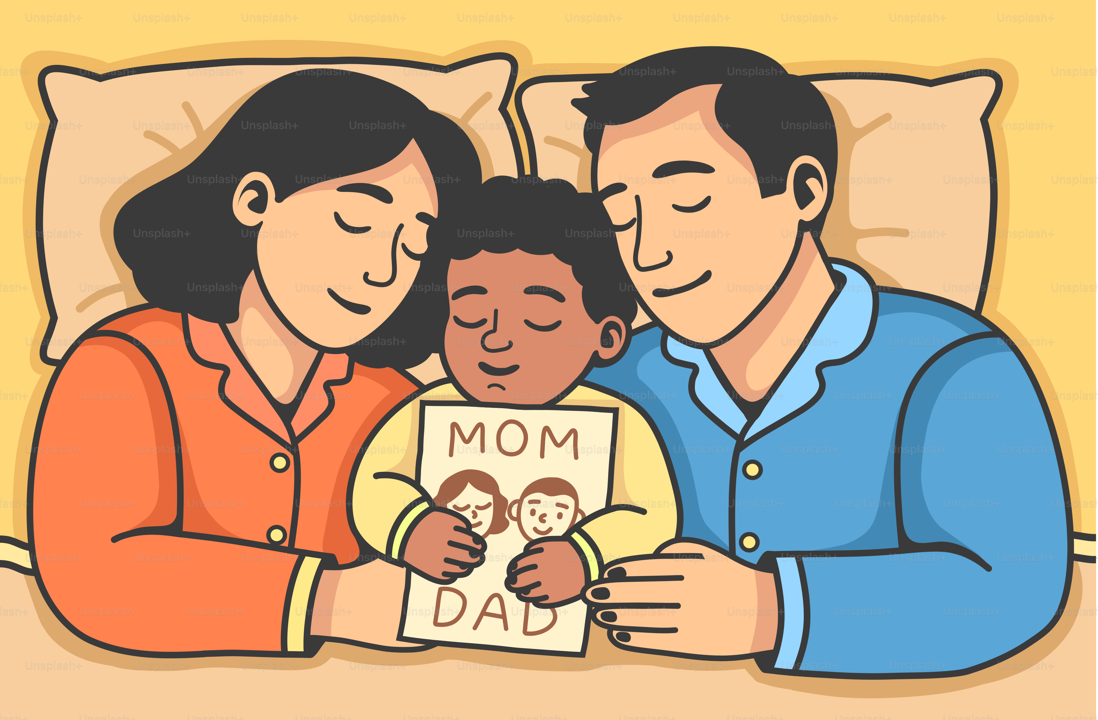 Eine Familie schläft bequem zusammen.