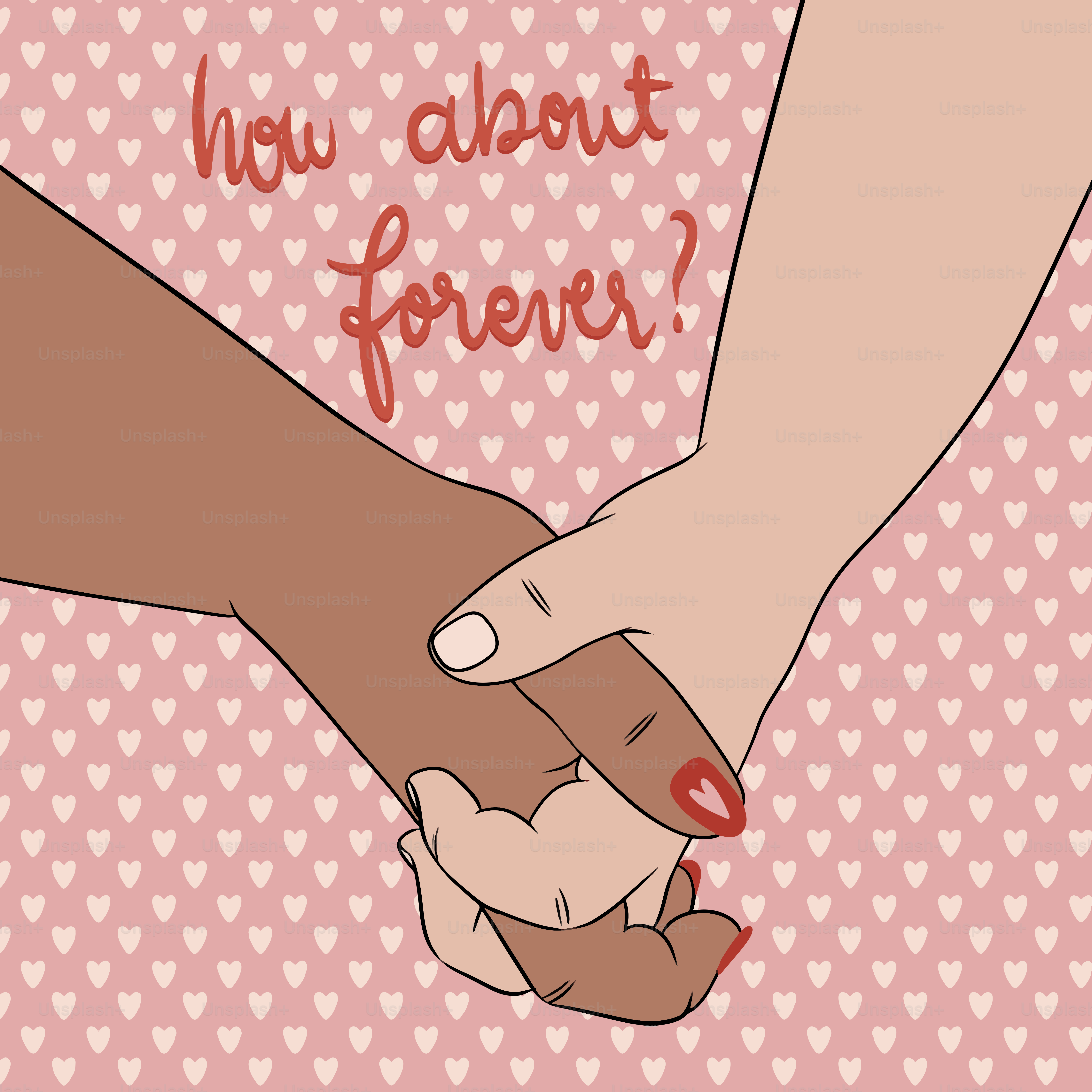 Two hands hold, proposing love and forever.