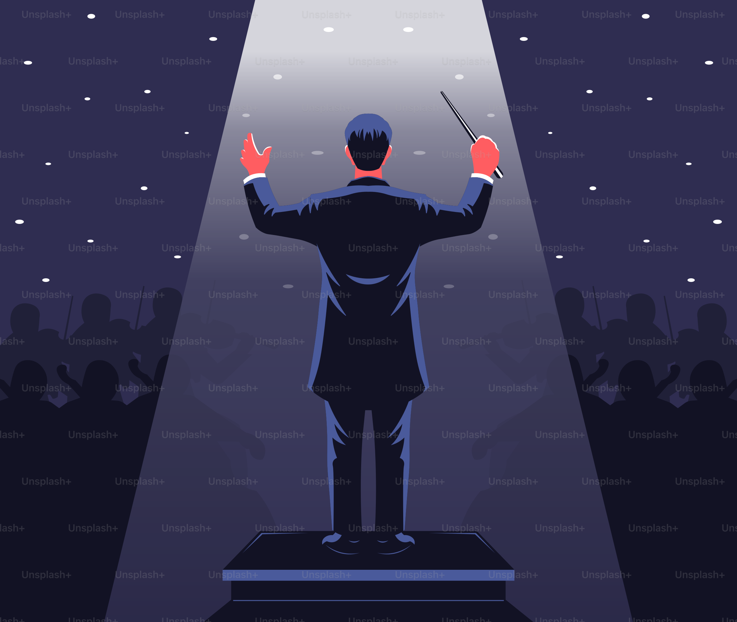 El director dirige la orquesta con una batuta.