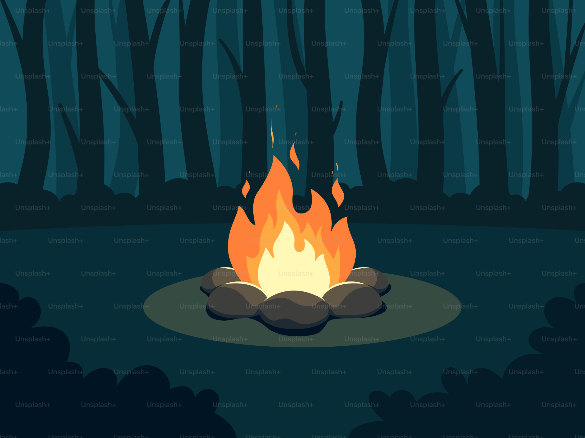 Un feu de camp brûle vivement dans la forêt sombre.