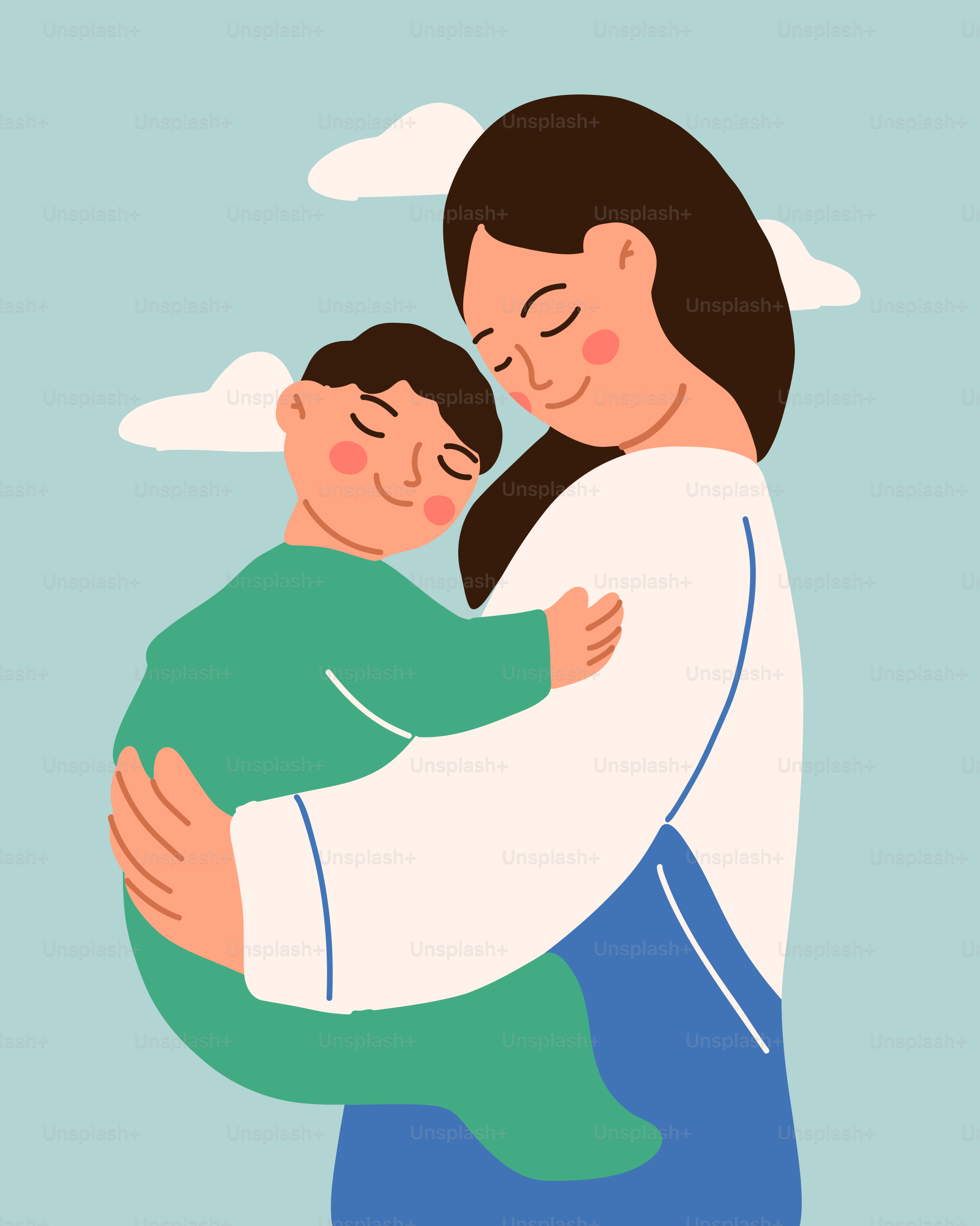 Mother lovingly embraces her sleeping child.