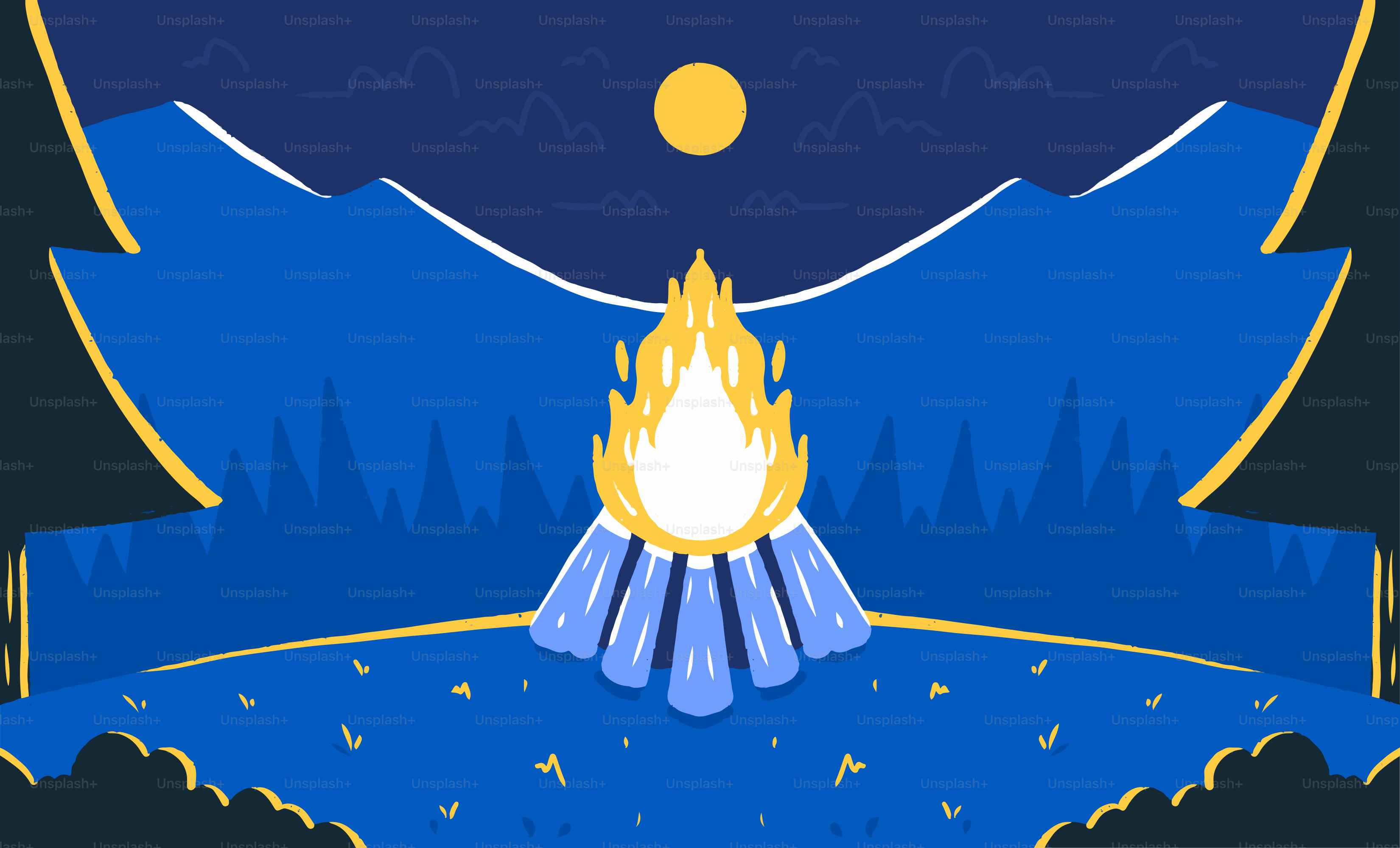 A bonfire burns brightly under the night sky.