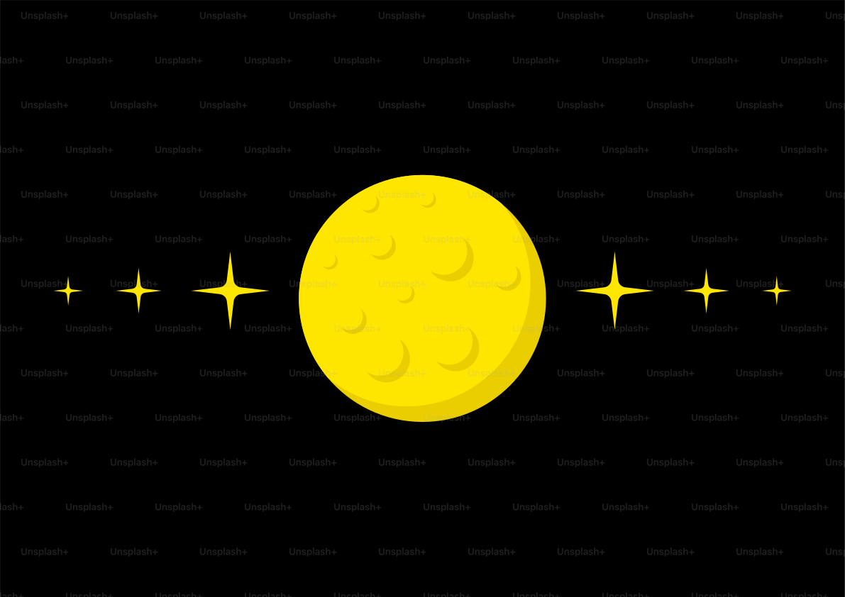 A yellow moon surrounded by stars.