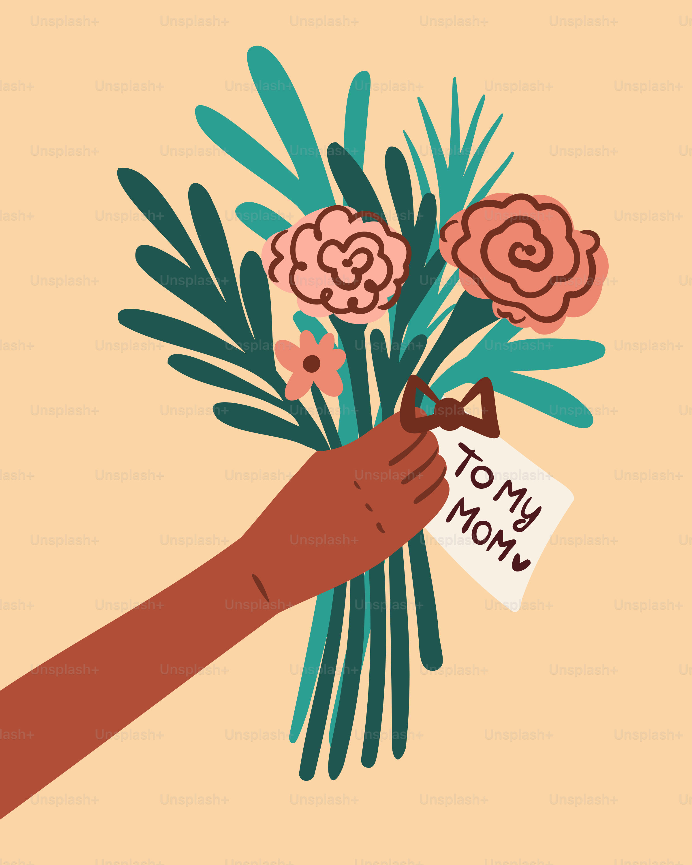 A hand holds flowers, marked "to my mom".