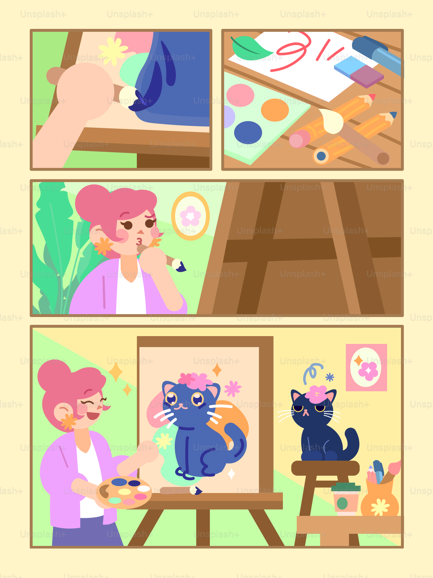 Artist paints a cat illustration with happy results.