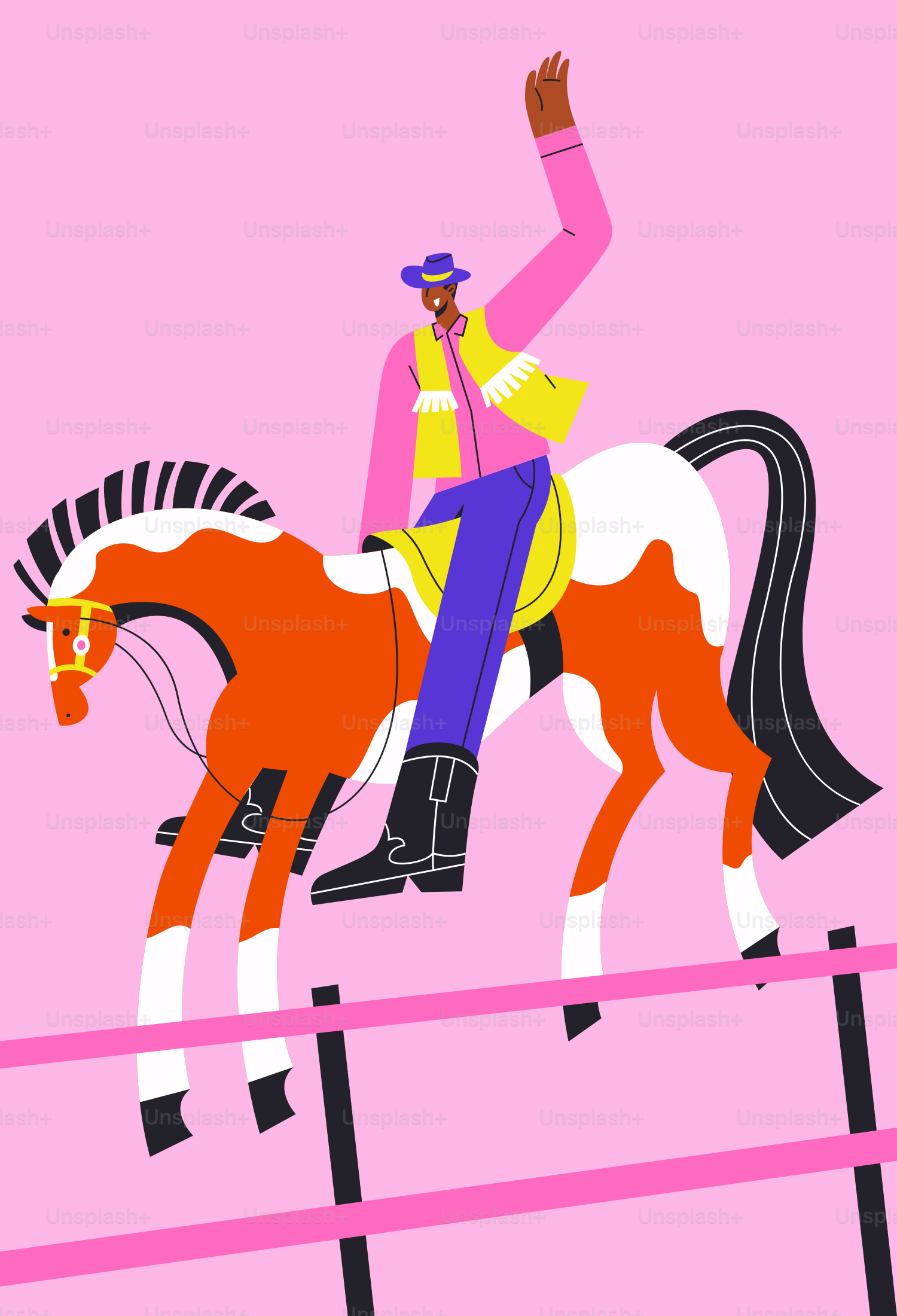 A cowboy on a horse is waving.