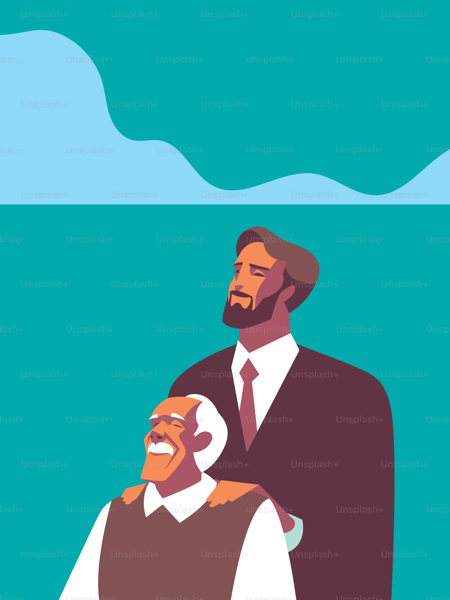 Father and son stand together, smiling in the sky.