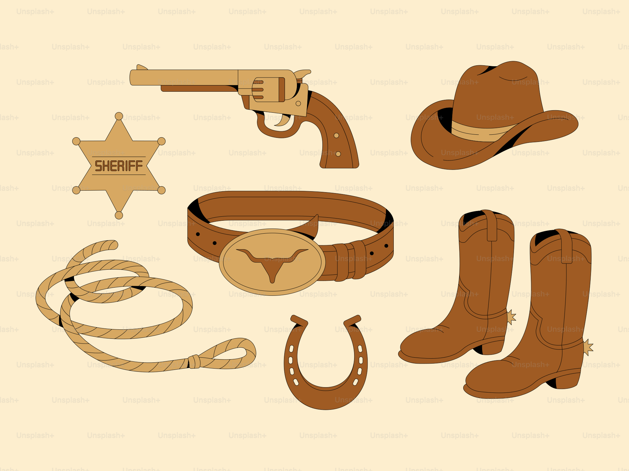 Cowboy items and accessories are displayed in this image.