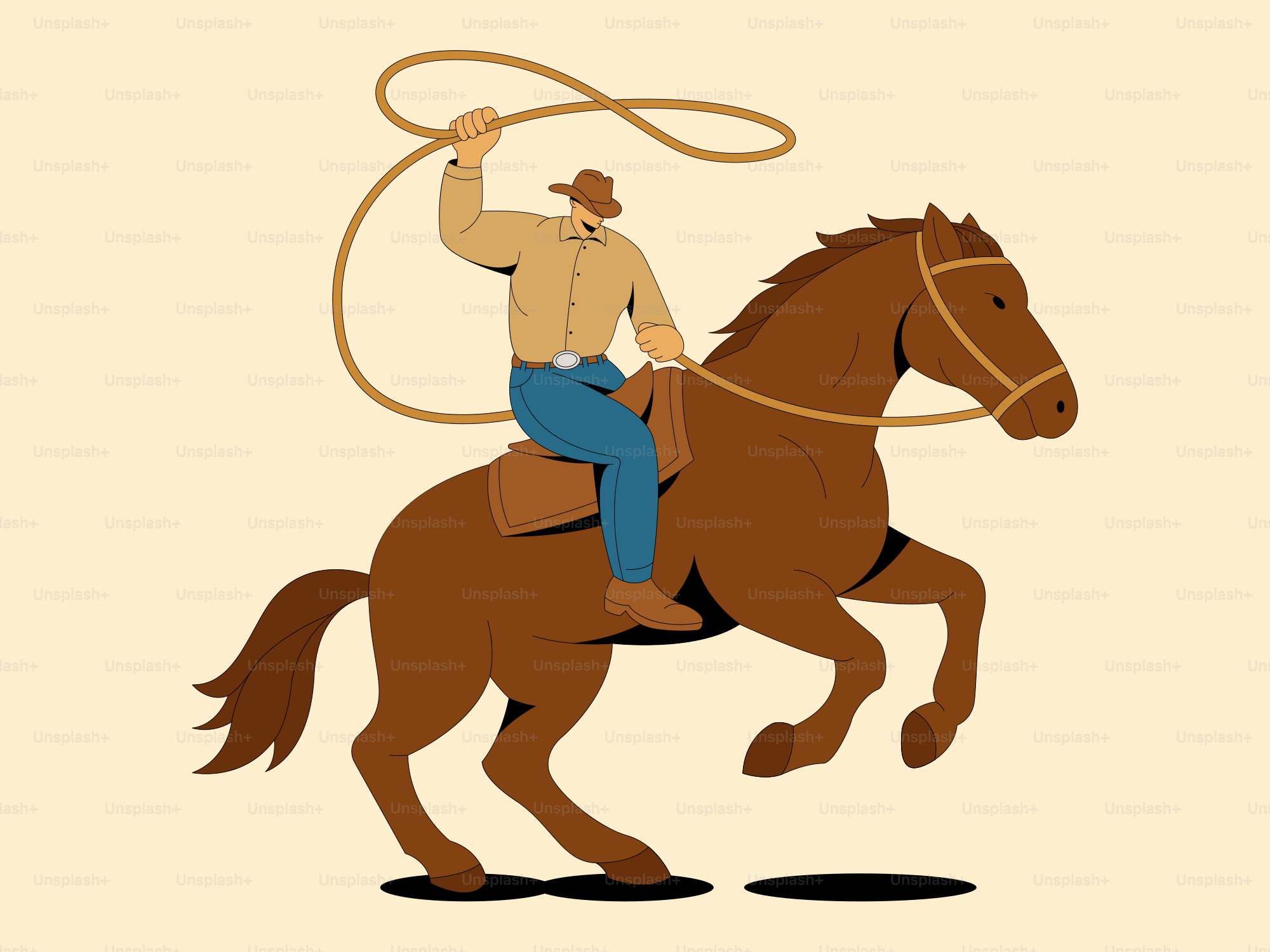 A cowboy throws a lasso while riding a horse.
