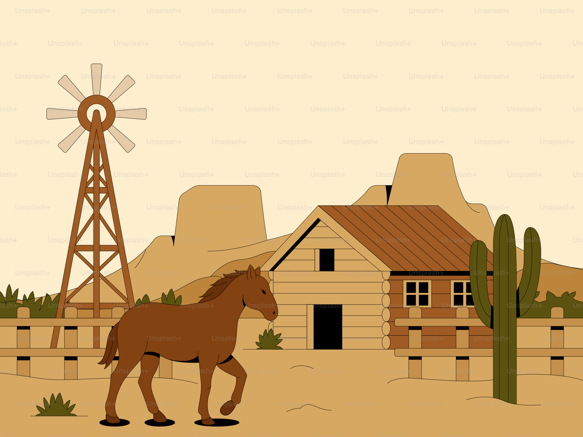 Ein Pferd läuft an einer Ranch in der Wüste vorbei.