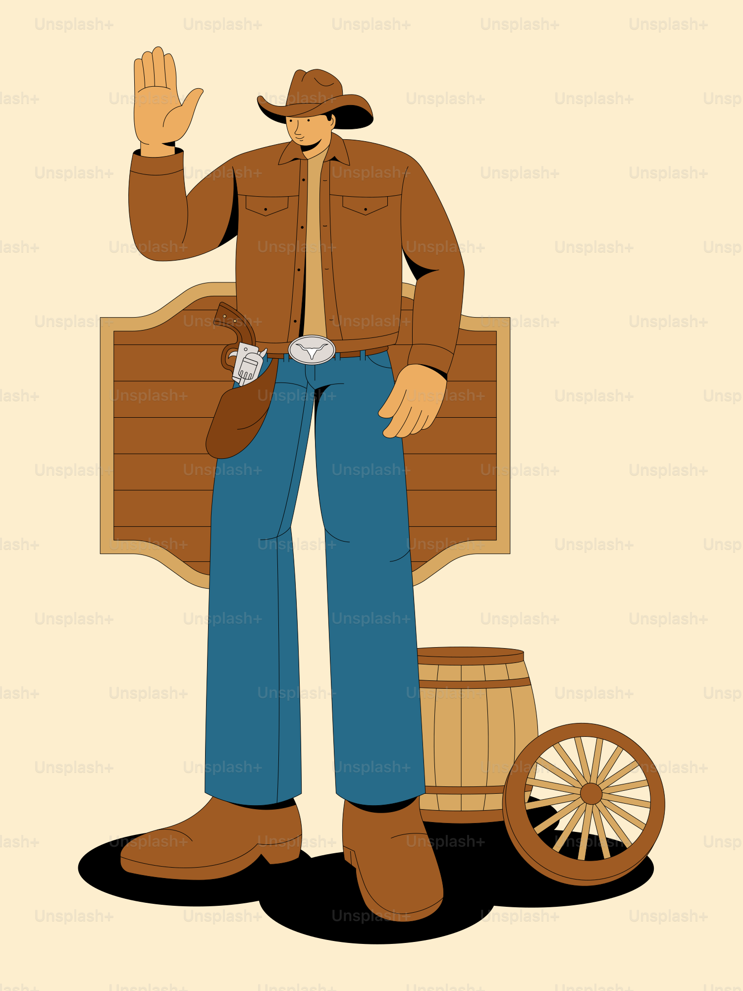 Ein Cowboy steht mit erhobener Hand da.