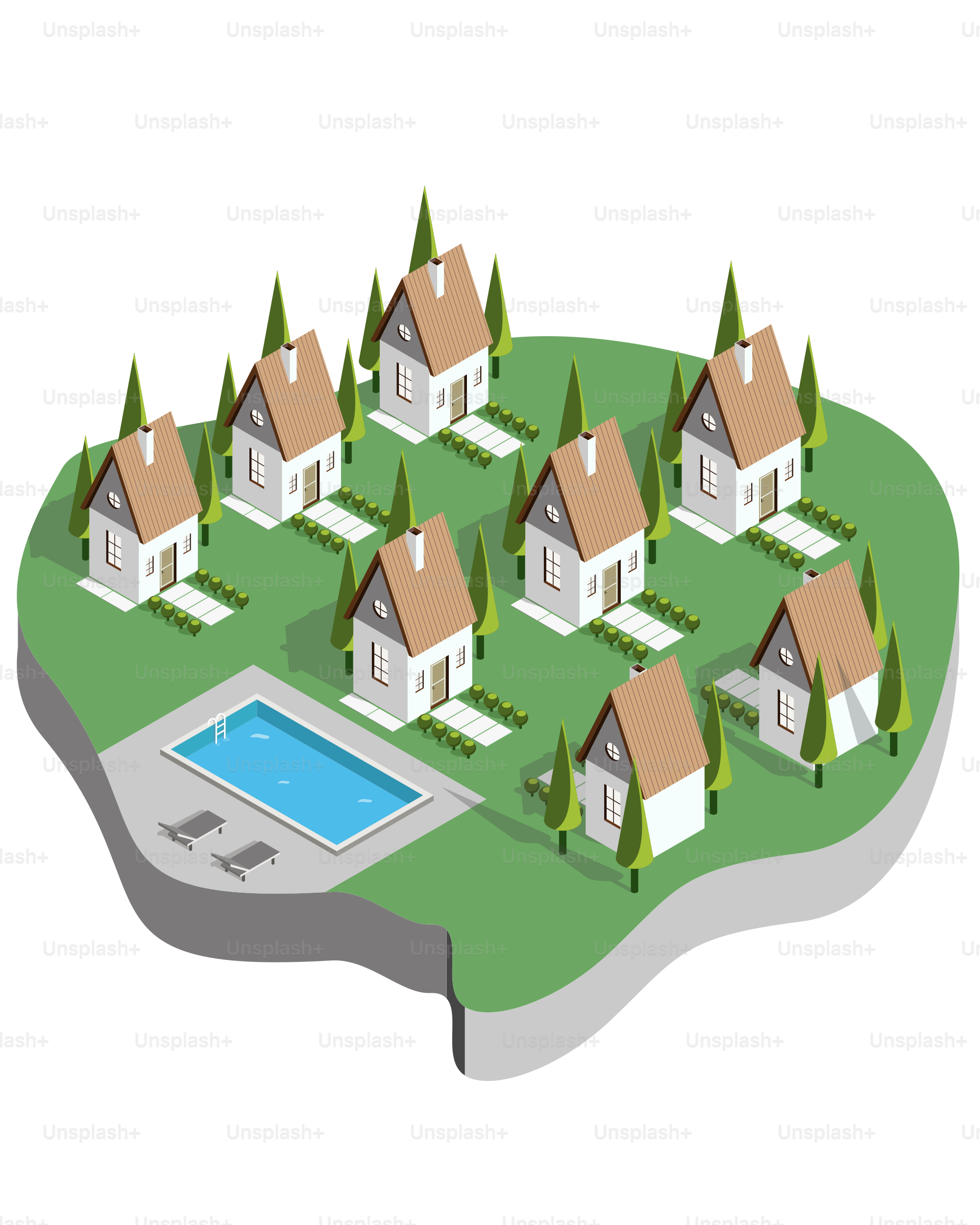 Casas y una piscina en una isla verde.