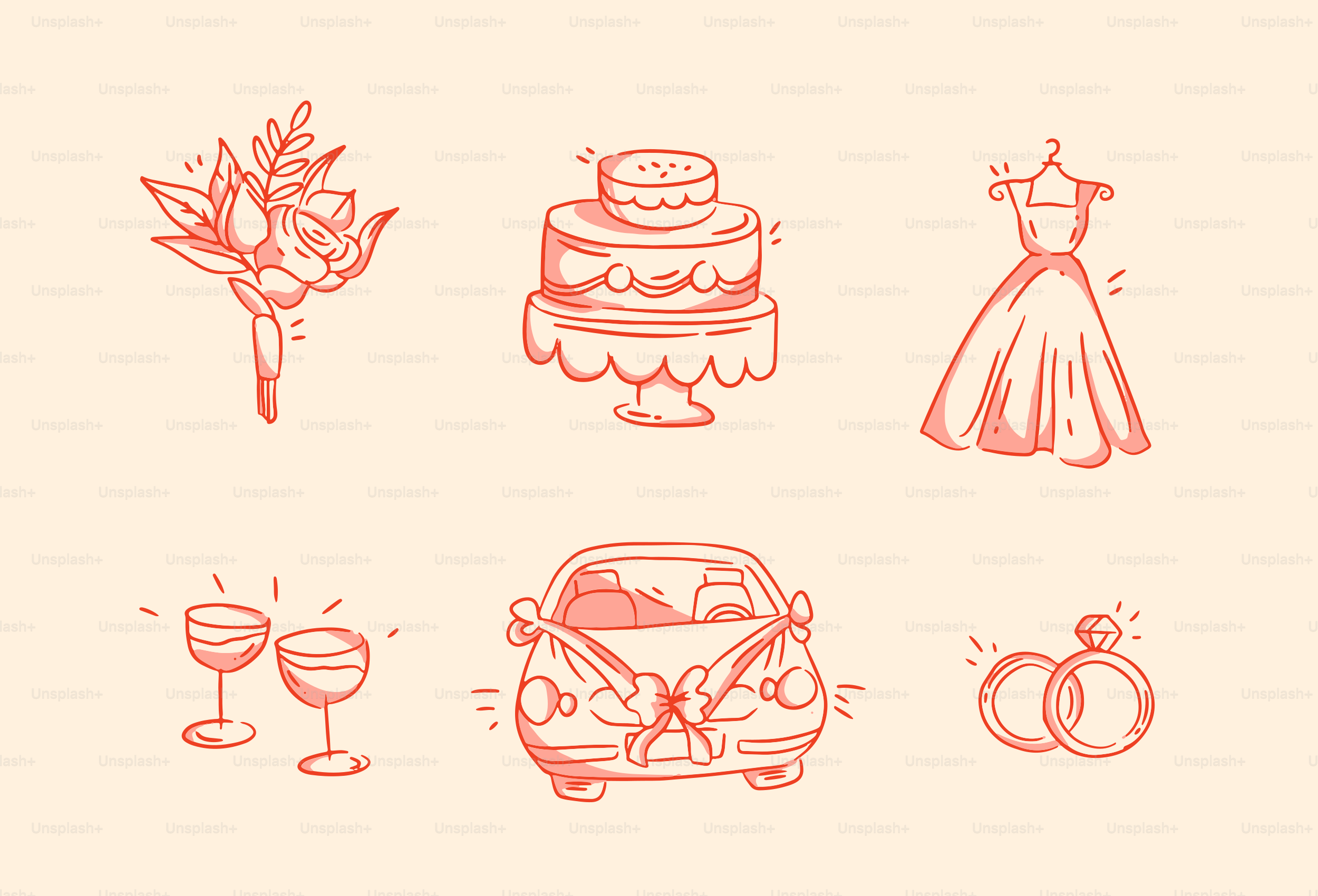 Wedding-related icons including a cake, dress, and rings.