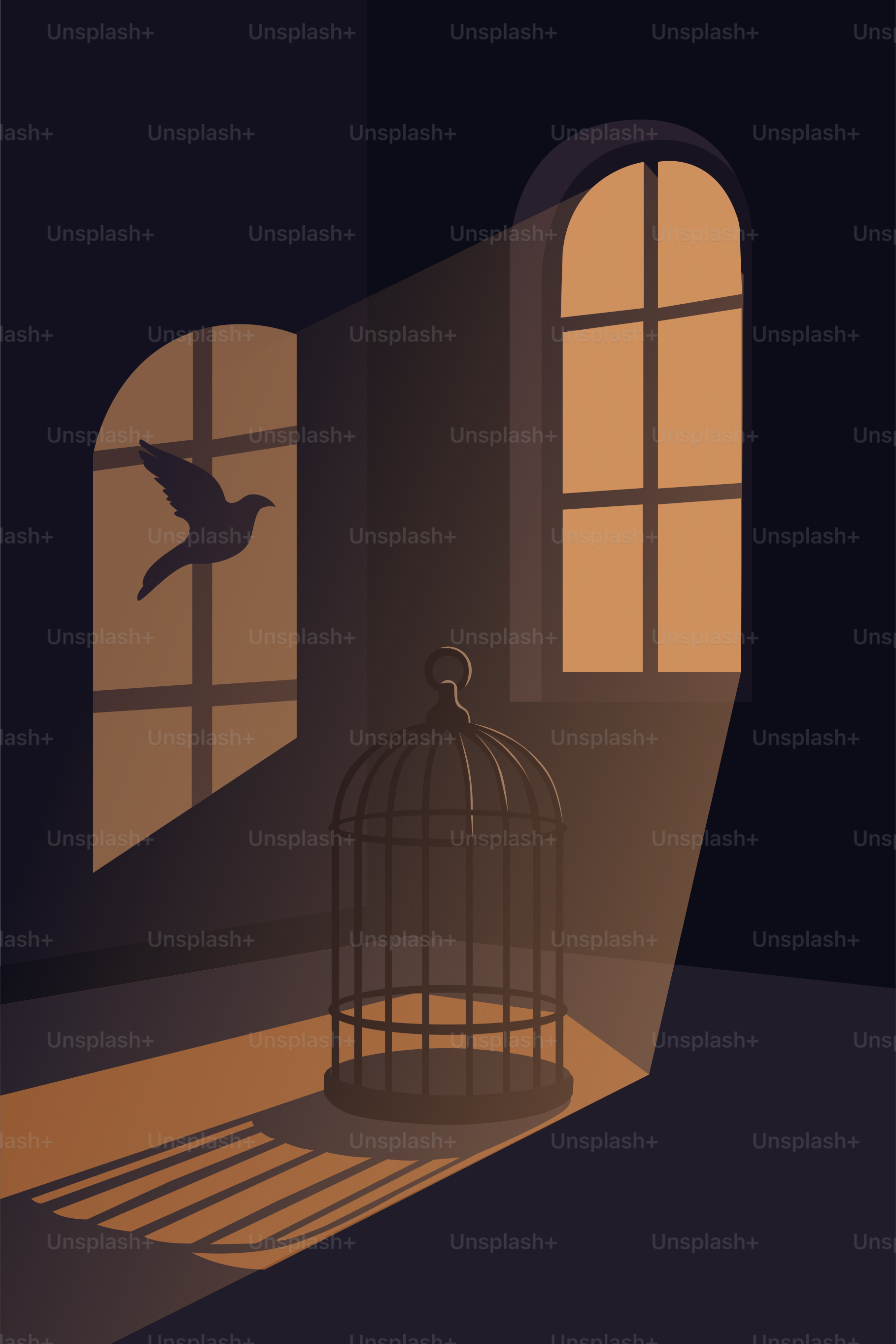 A bird escapes freedom's light.