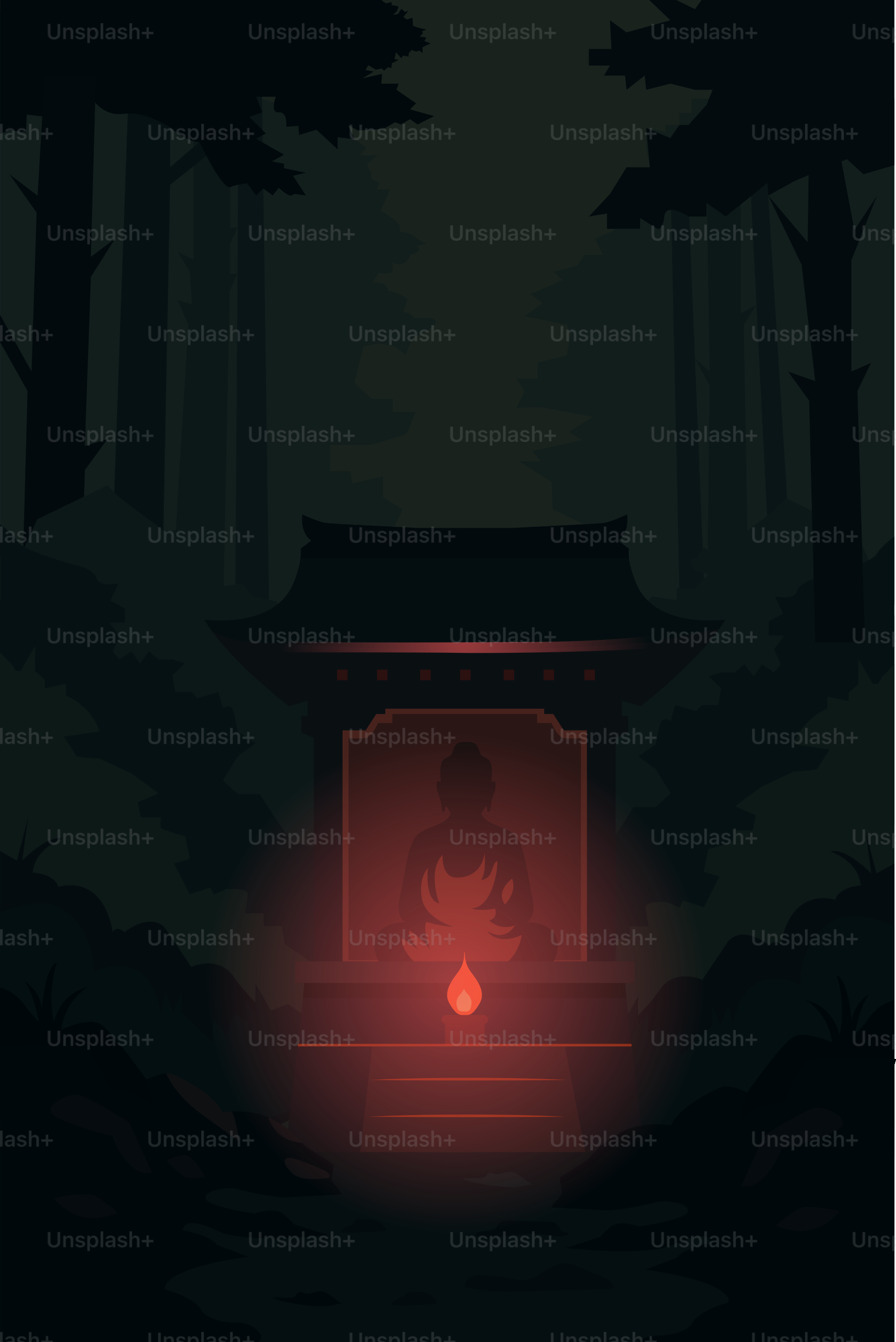 A buddha statue glows in the shadowy forest.