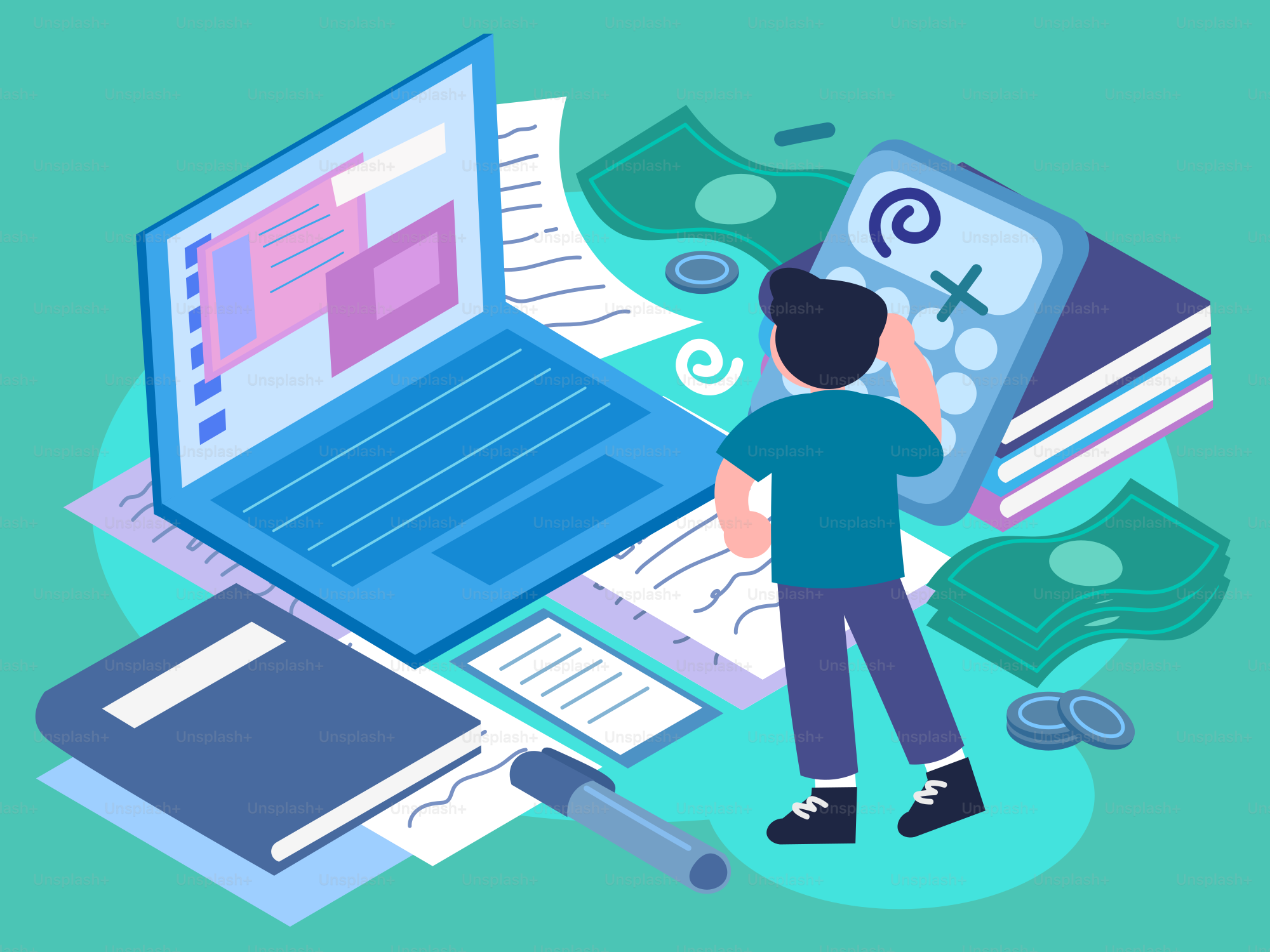 Man struggles with finances, surrounded by paperwork.