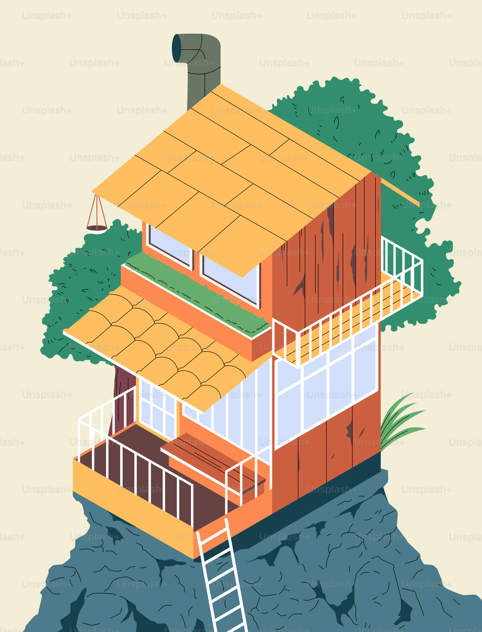 Una pequeña casa enclavada entre un árbol.