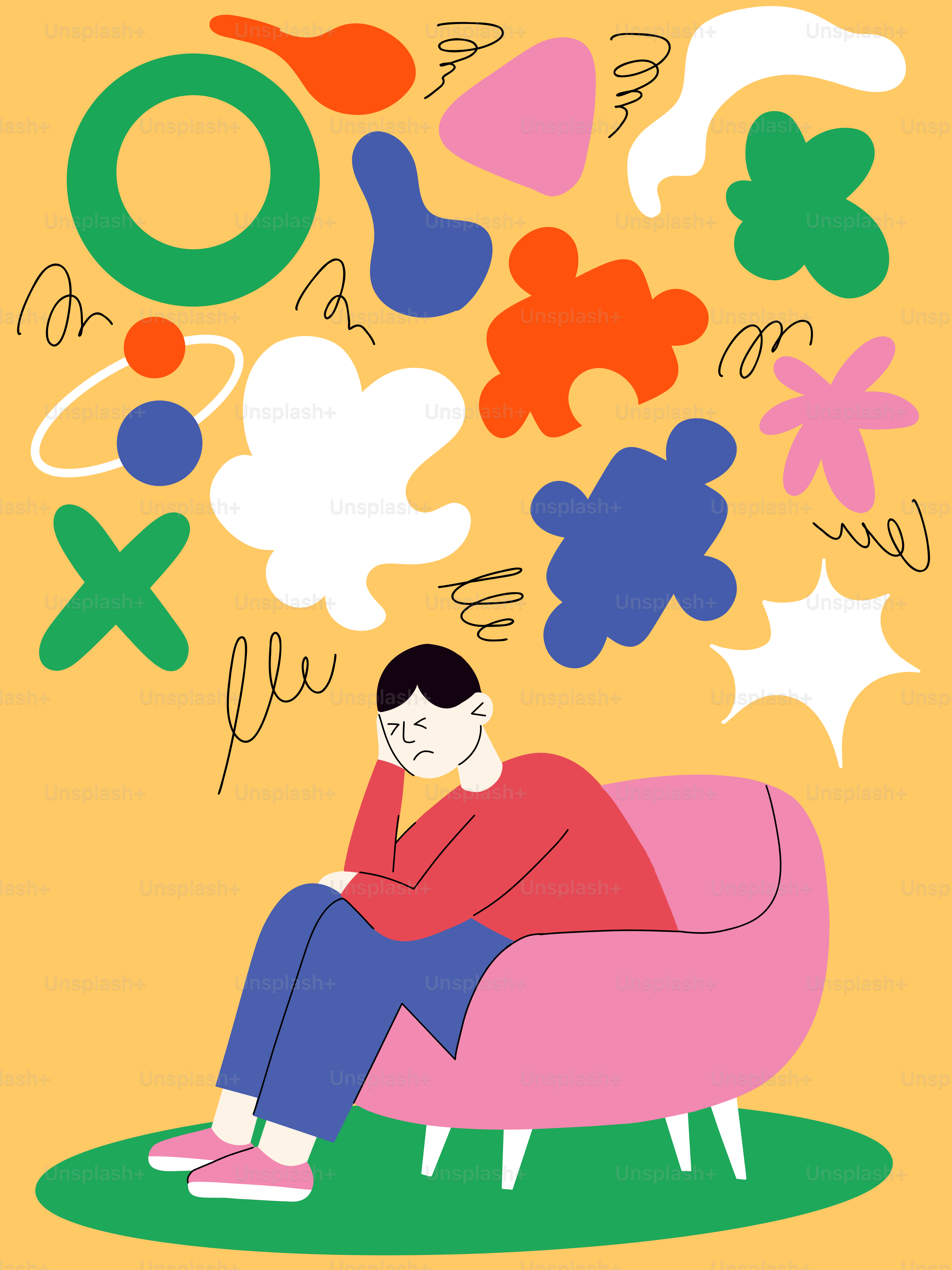 Una persona stressata è circondata da forme astratte.