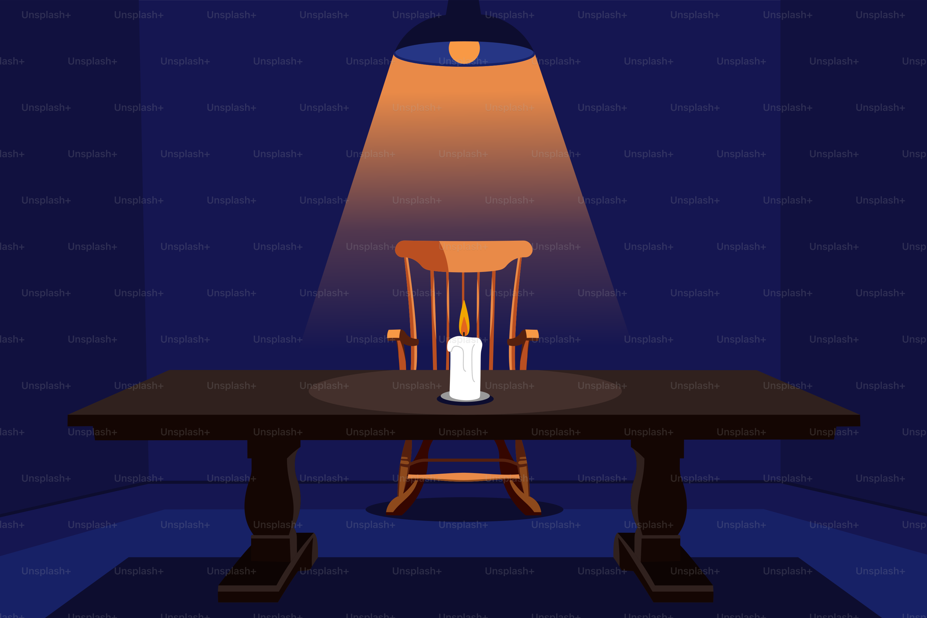 Eine Kerze steht auf einem Tisch unter einer Lampe.