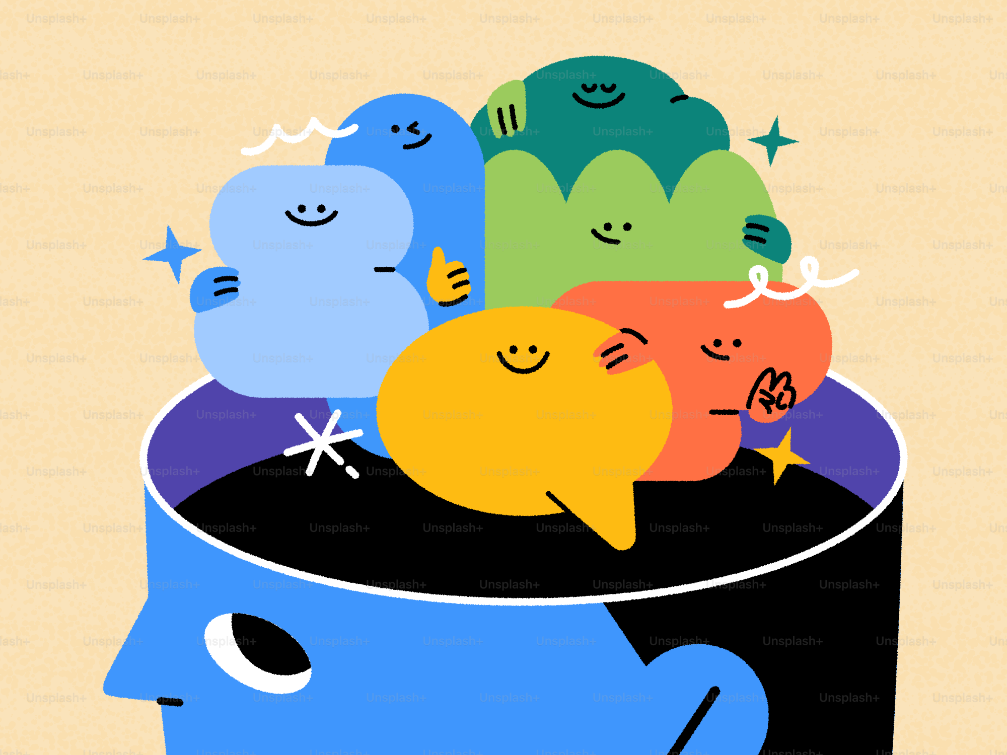 A cartoon head filled with colorful thoughts and ideas.