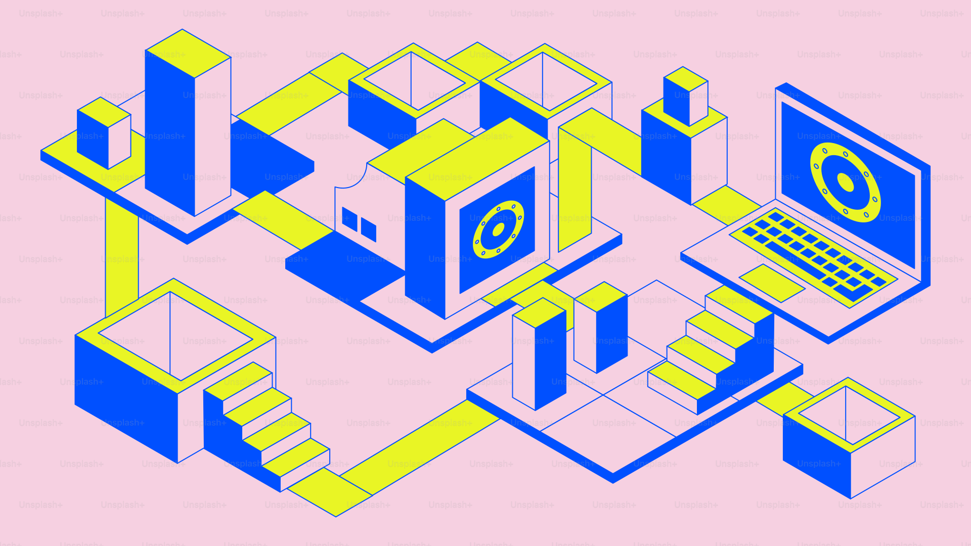 A digital environment with geometric shapes and a laptop.