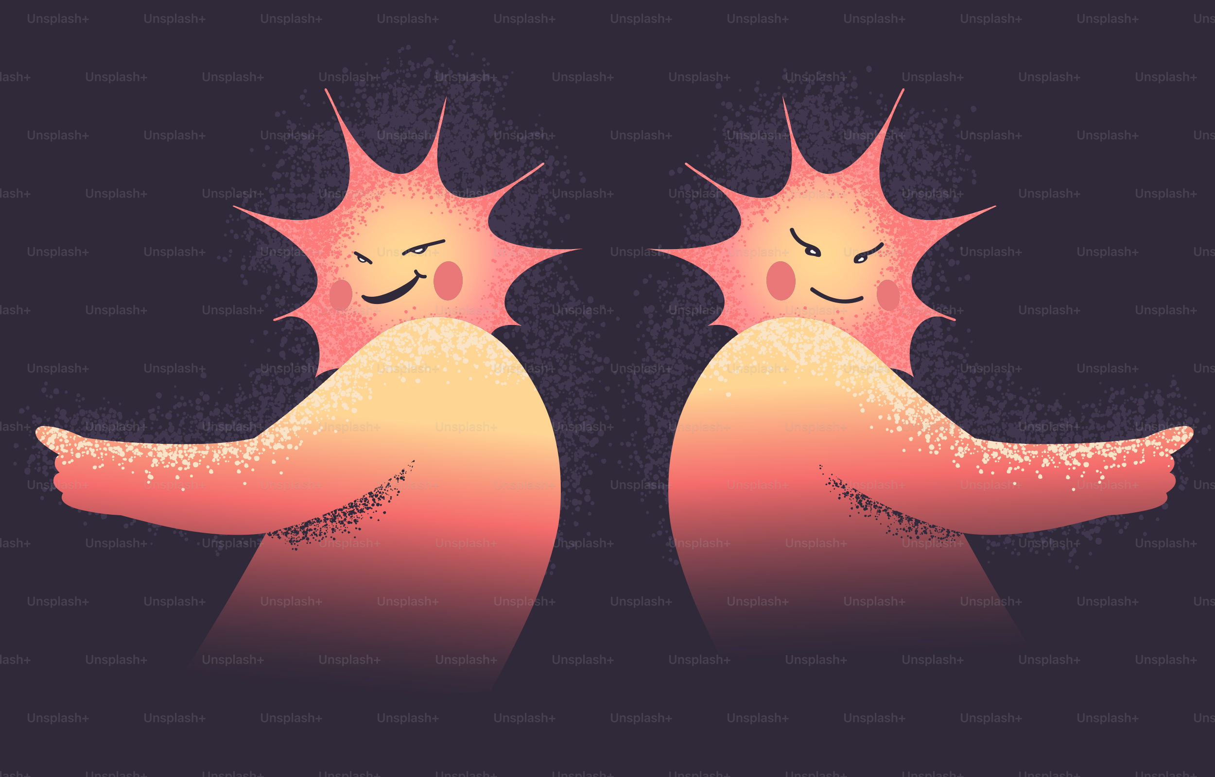 Two smiling suns point towards each other.