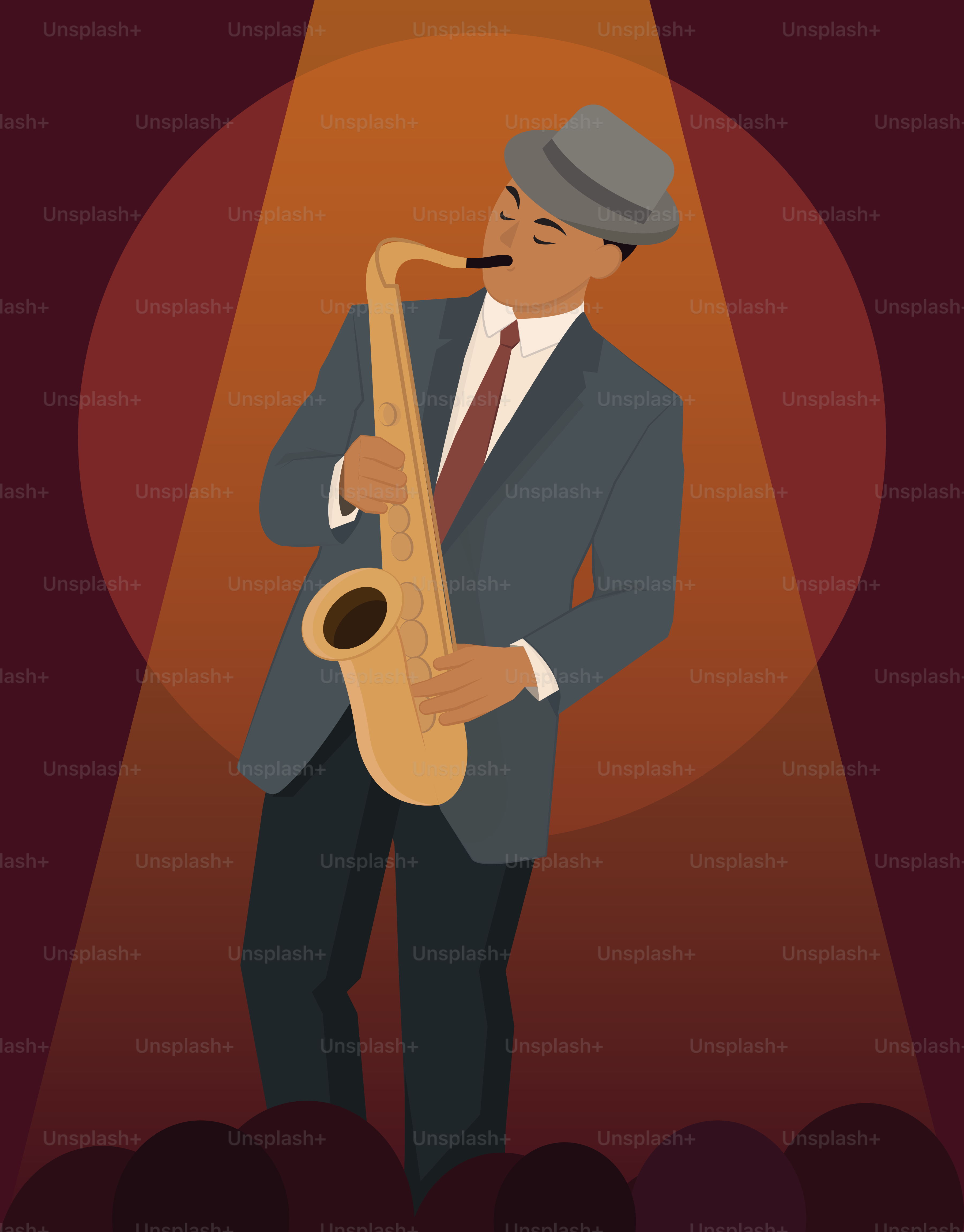 Un hombre toca el saxofón bajo las luces del escenario.