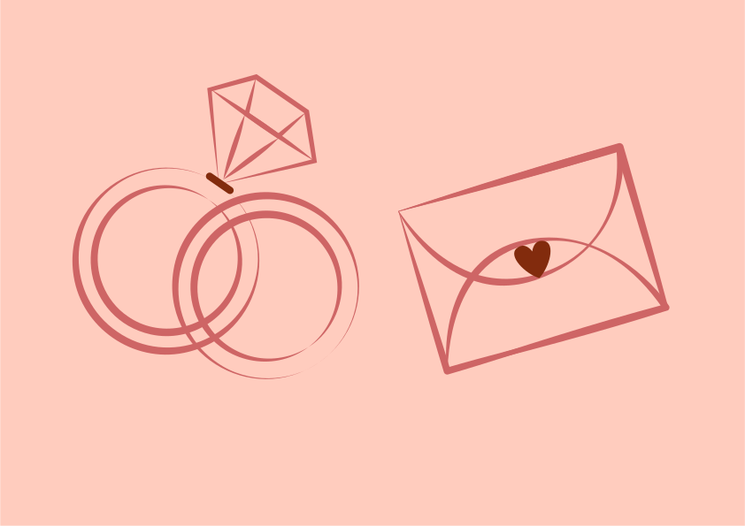 Engagement rings and a love letter on pink.