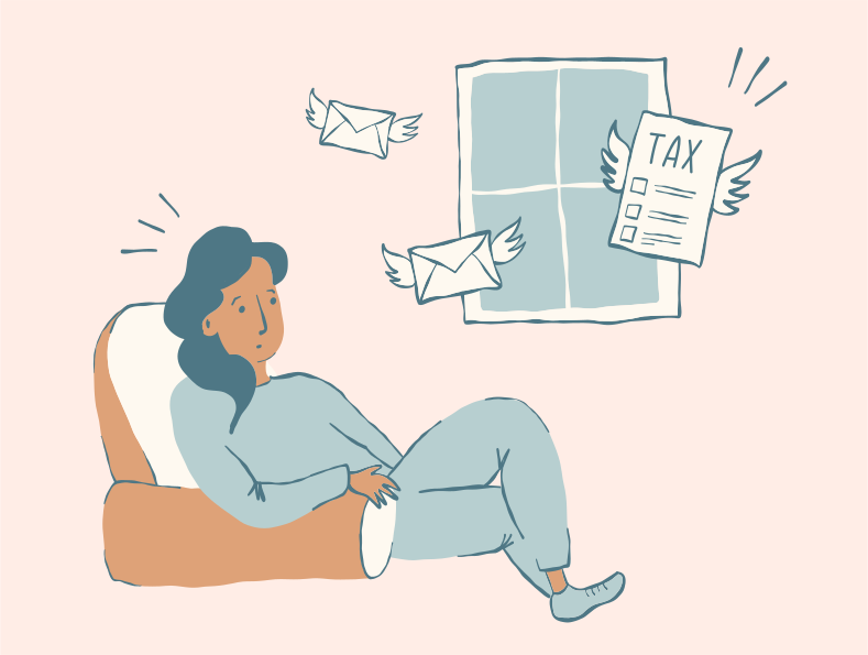 Uma mulher relaxa enquanto os formulários de impostos e a ...