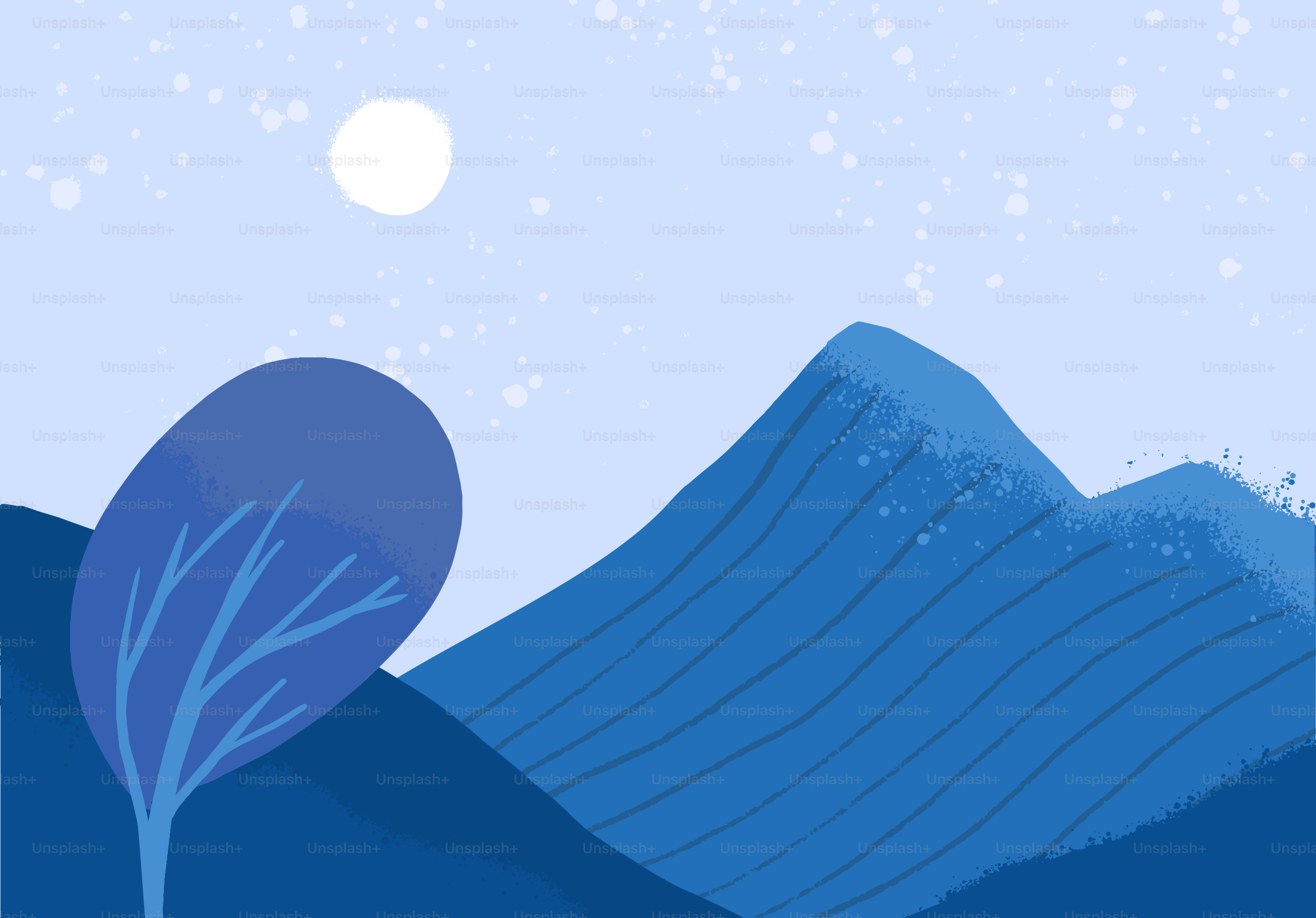 Nighttime scene featuring mountains and a full moon.